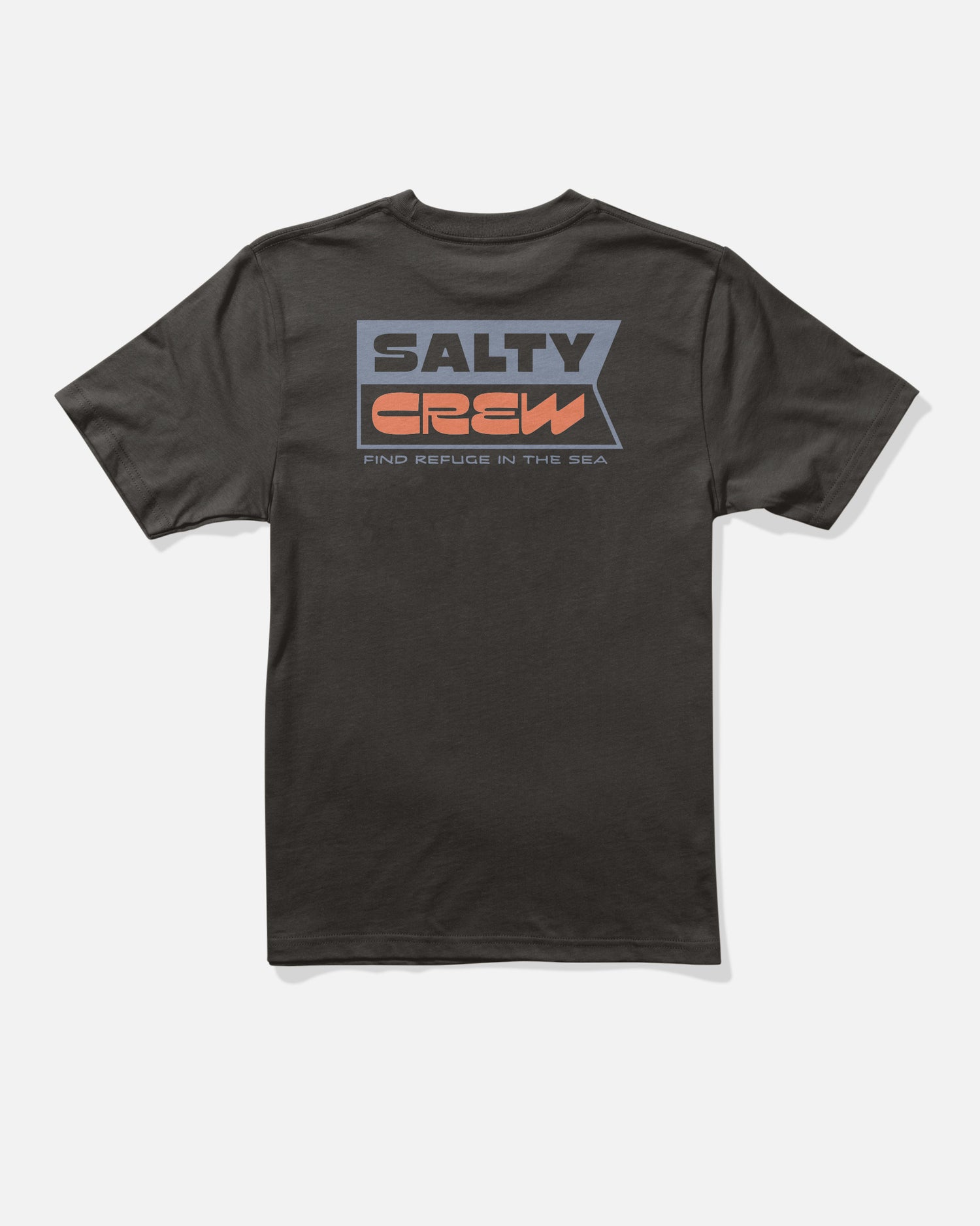 The Salty Crew Inverse Flag Boys Tee in black features a bold flag-inspired graphic on the back, with large gray, orange, and blue lettering spelling SALTY CREW and “FIND REFUGE IN THE SEA” screenprinted below.