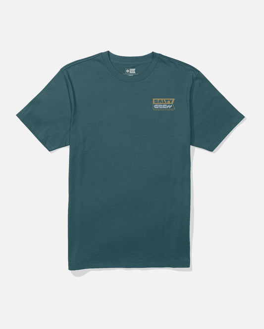The Inverse Flag Crew Tee in Atlantic Blue by Salty Crew is a short-sleeve t-shirt made from soft combed ringspun cotton for added comfort. Featuring a small rectangular Salty Crew logo with tan and light blue colors screenprinted on the left chest, this tee offers a simple, plain design with no additional graphics.