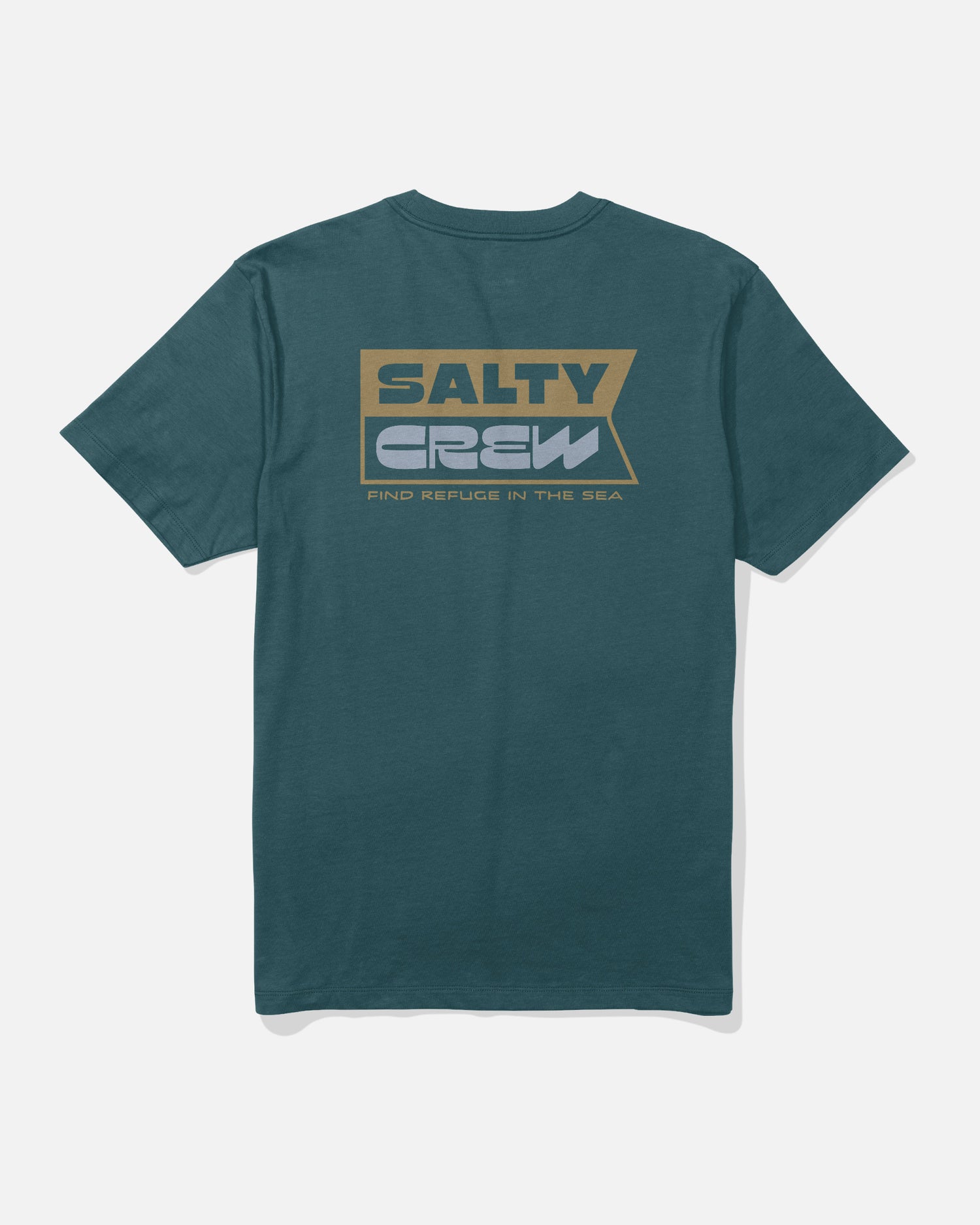Atlantic blue short-sleeve cotton Inverse Flag Crew Tee by Salty Crew, featuring a large tan and gray Salty Crew logo screenprinted on the back with the phrase “FIND REFUGE IN THE SEA” beneath it. The shirt is laid flat on a white background.