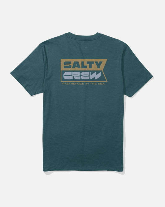 Atlantic blue short-sleeve cotton Inverse Flag Crew Tee by Salty Crew, featuring a large tan and gray Salty Crew logo screenprinted on the back with the phrase “FIND REFUGE IN THE SEA” beneath it. The shirt is laid flat on a white background.