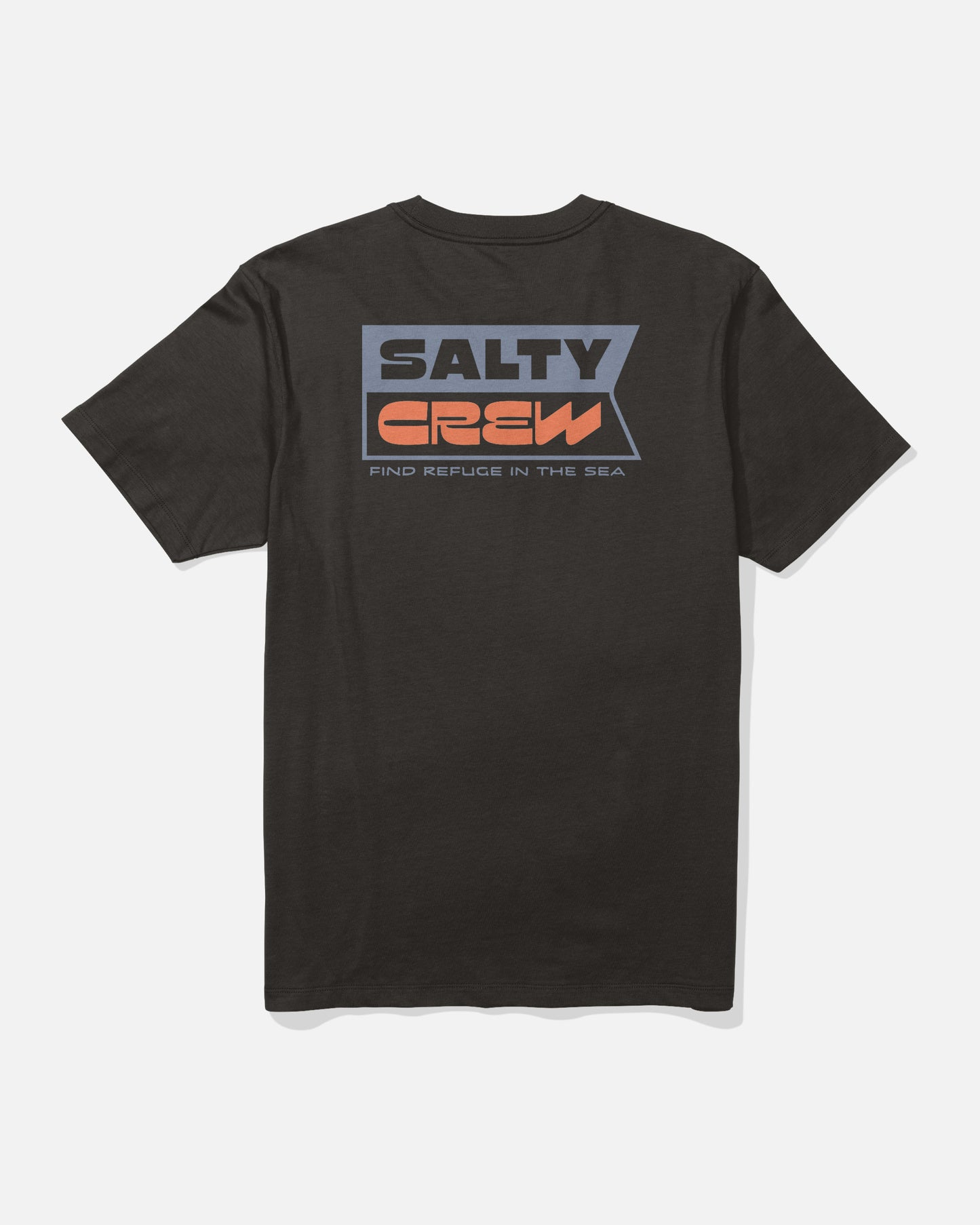 The Inverse Flag Crew Tee by Salty Crew is crafted from black combed ringspun cotton and features SALTY CREW in large gray, orange, and white letters on the back, with “FIND REFUGE IN THE SEA” printed below. The design includes a rectangular graphic background, all screenprinted for lasting quality.