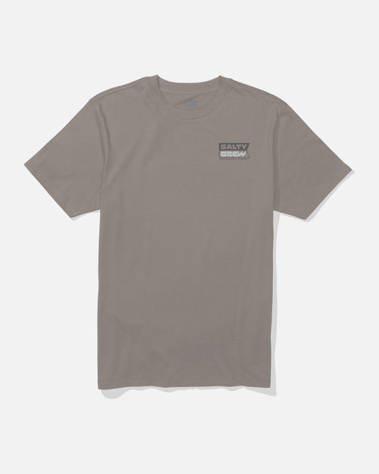 The Salty Crew Inverse Flag Crew Tee in Cinder is a plain brown short-sleeve cotton t-shirt featuring a small, screenprinted Salty Crew logo on the left chest, displayed on a white background.