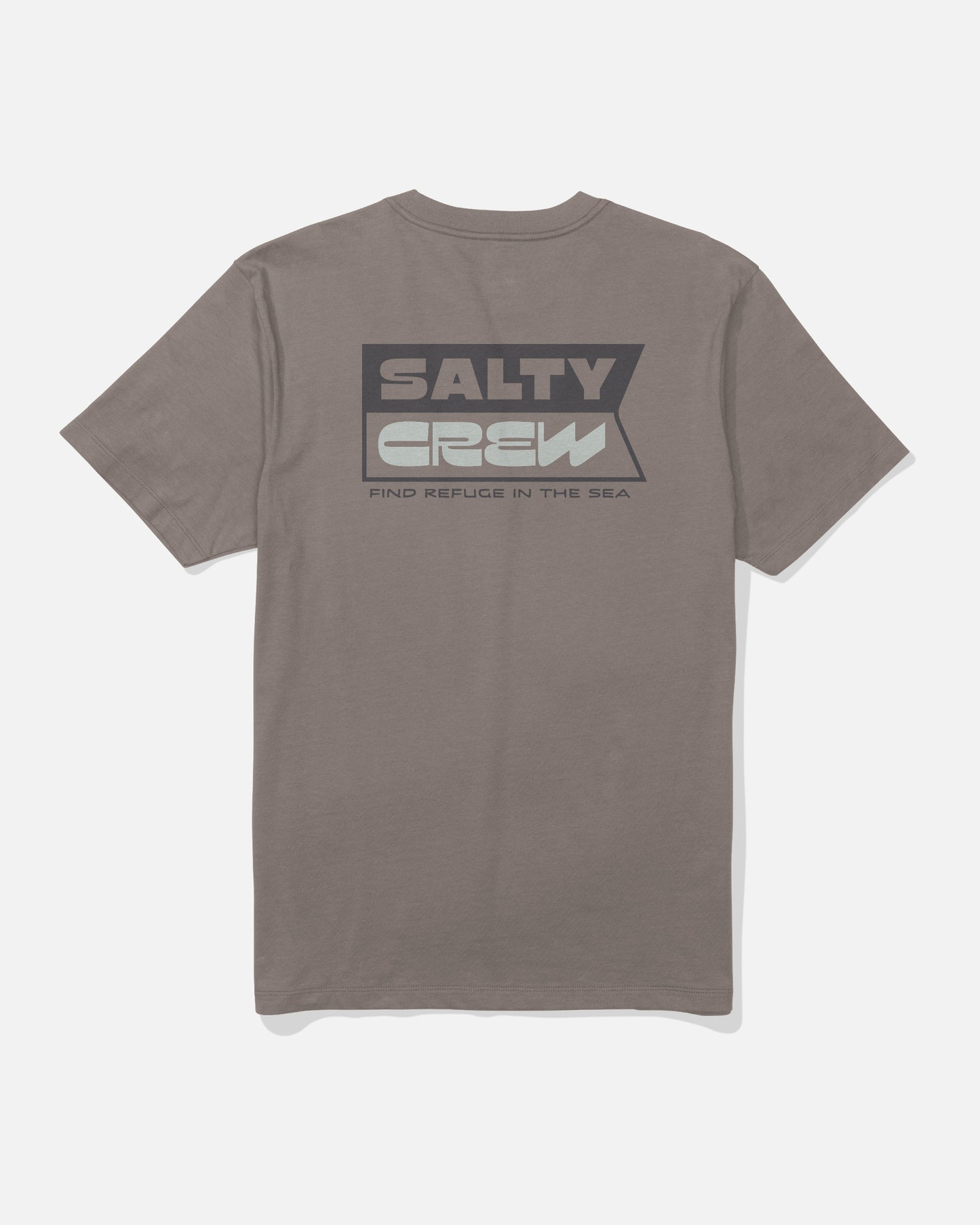 Back view of the Salty Crew Inverse Flag Crew Tee in Cinder, featuring a bold screenprinted graphic with “Salty Crew” and “Find Refuge in the Sea” on the upper back. Made from soft, combed ringspun cotton, this t-shirt delivers comfort and style for your next seaside adventure.
