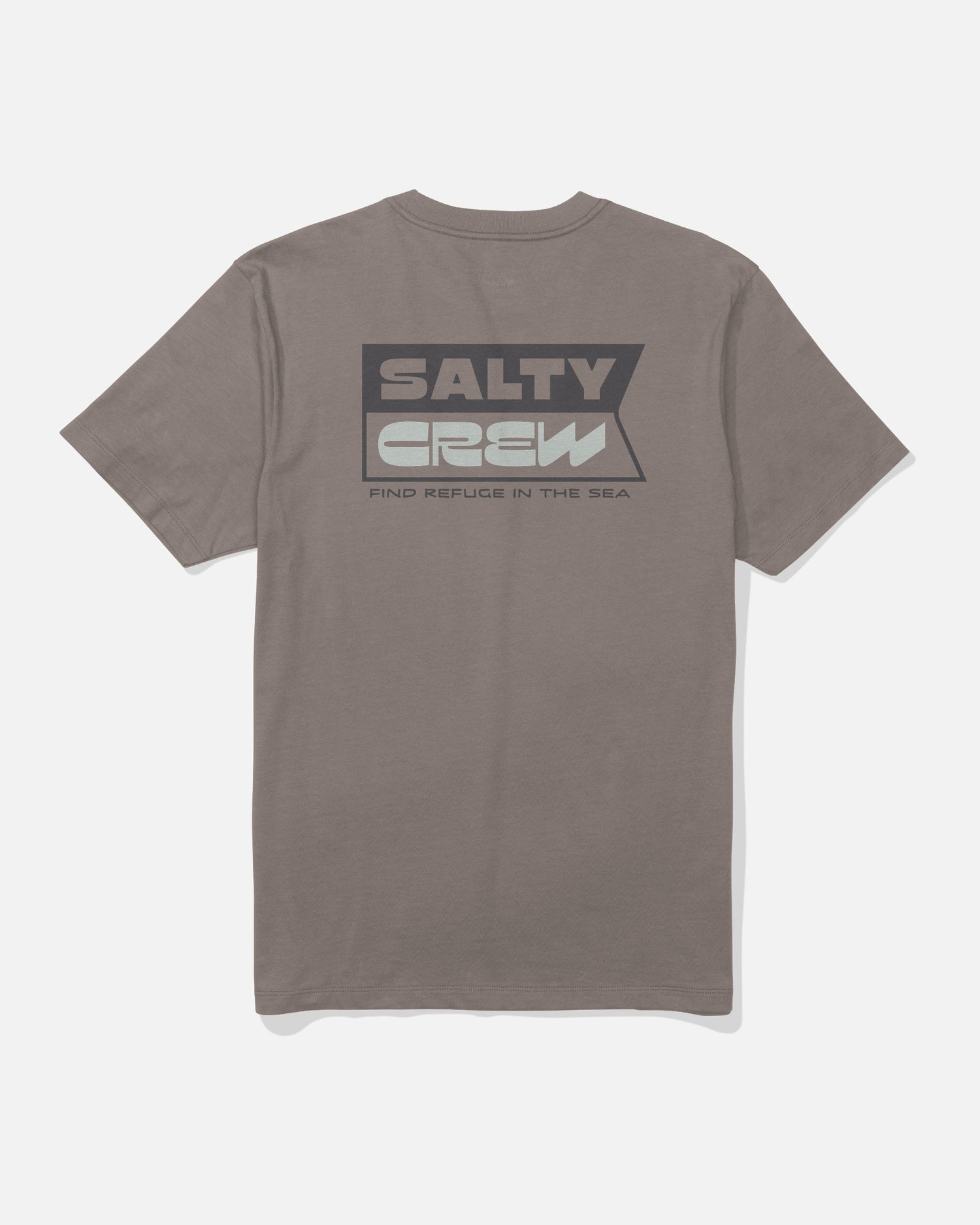 Back view of the Salty Crew Inverse Flag Crew Tee in Cinder, featuring a bold screenprinted graphic with “Salty Crew” and “Find Refuge in the Sea” on the upper back. Made from soft, combed ringspun cotton, this t-shirt delivers comfort and style for your next seaside adventure.