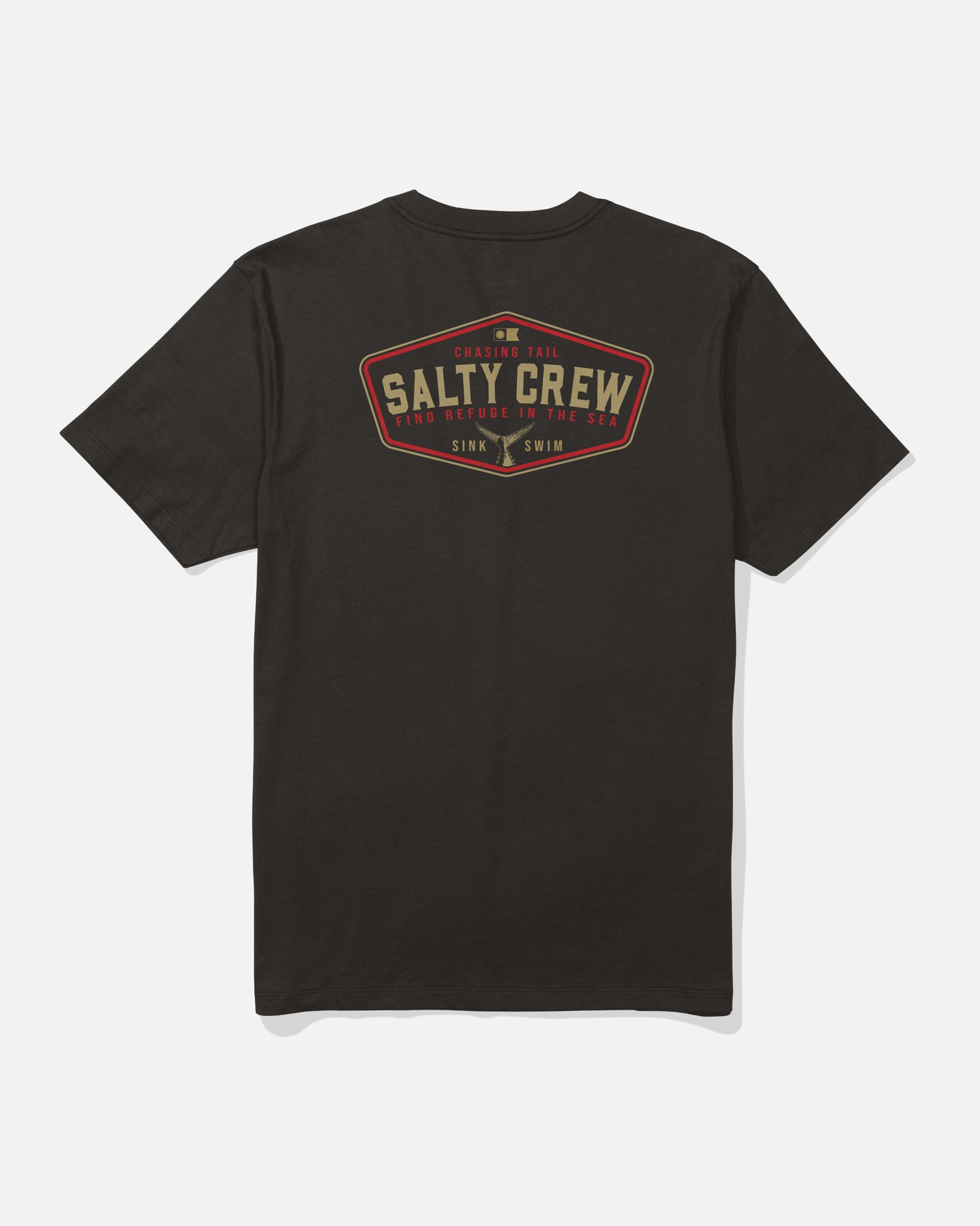 Salty Crew Tailfin Crew Tee - Black: This soft, combed ringspun cotton t-shirt features a badge-like red and gold screenprinted graphic on the back that reads “Chasing Tail, Find Refuge in the Sea, Salty Crew, Sink or Swim.” Designed for all-day comfort.