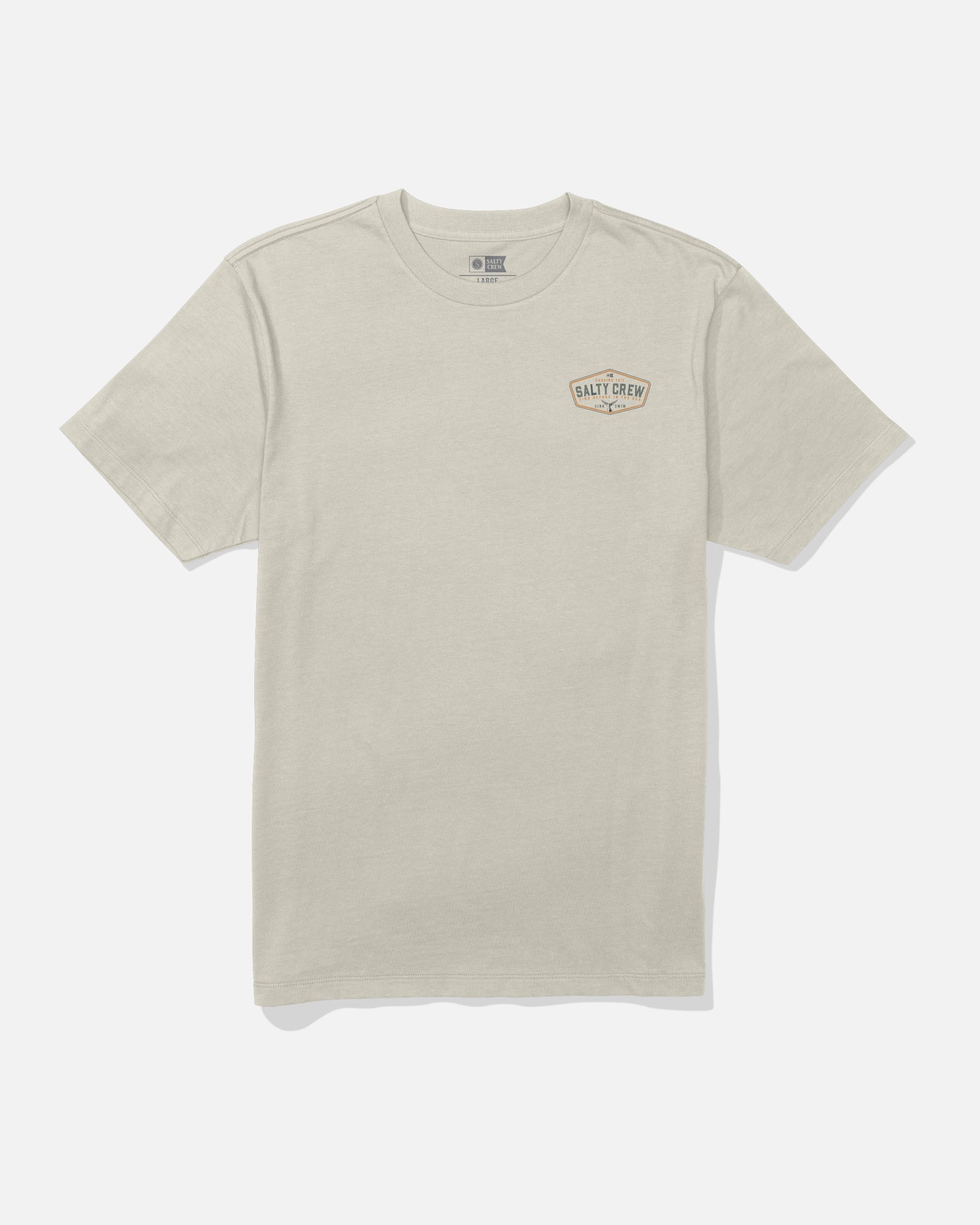 The Salty Crew Tailfin Crew Tee in Bone is a beige short-sleeve t-shirt featuring a small Salty Crew logo on the left chest. Made from soft combed ringspun cotton, this tee is shown laid flat on a white background.