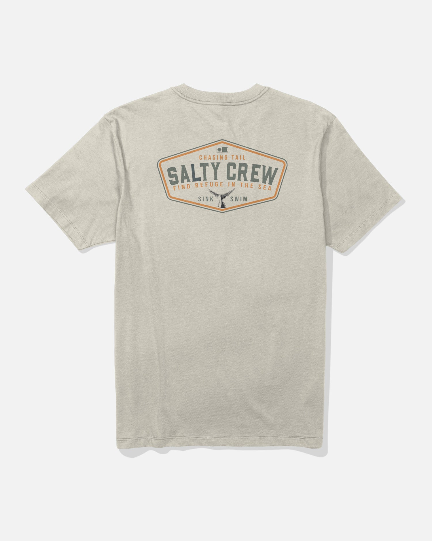 The Tailfin Crew Tee - Bone by Salty Crew is a beige short-sleeve t-shirt made from combed ringspun cotton, shown from the back and featuring a diamond-shaped Salty Crew logo along with the phrases “Chasing Tail,” “Find Refuge in the Sea,” and “Sink or Swim” in brown and blue screenprinted text.