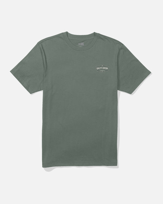 A plain laurel wreath green short-sleeve cotton t-shirt, the Salty Crew Tailfin Crew Tee, featuring a small white Salty Crew logo and text screenprinted on the upper left chest, displayed on a white background.