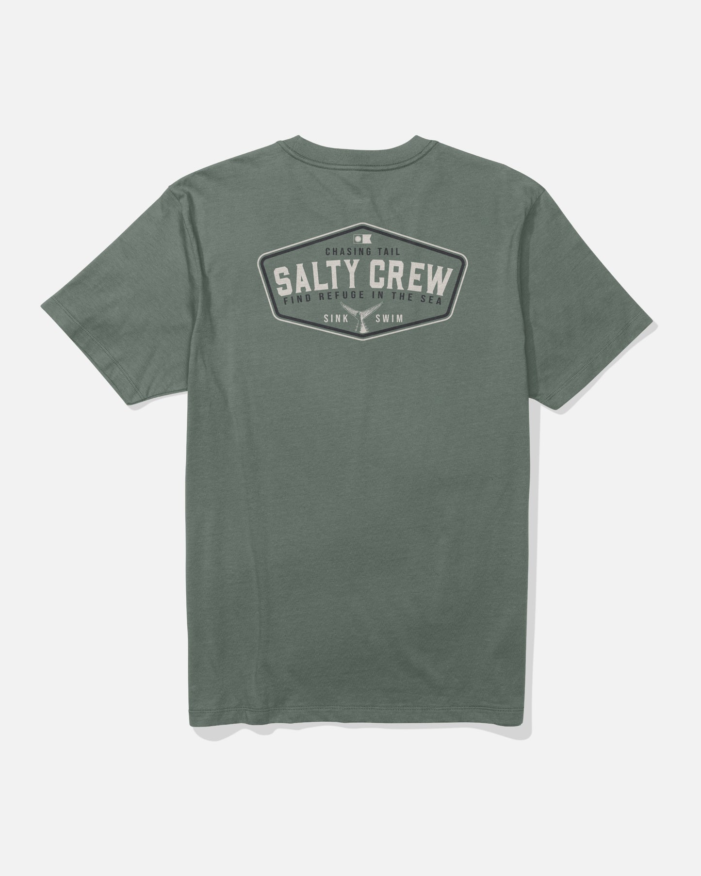 Laid flat on a white background, the Salty Crew Tailfin Crew Tee - Laurel Wreath is a green short-sleeve t-shirt made from combed ringspun cotton. It features the Salty Crew logo and screenprinted white text on the back reading “Chasing Tail,” “Find Refuge In The Sea,” and “Sink or Swim.”.