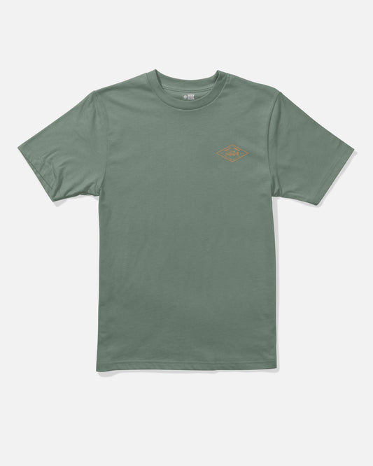 Salty Crew Diamond Bass Boys Tee in laurel wreath: a sage green short-sleeve combed ringspun cotton t-shirt featuring a small tan geometric logo screenprinted on the left chest, displayed flat on a white background.