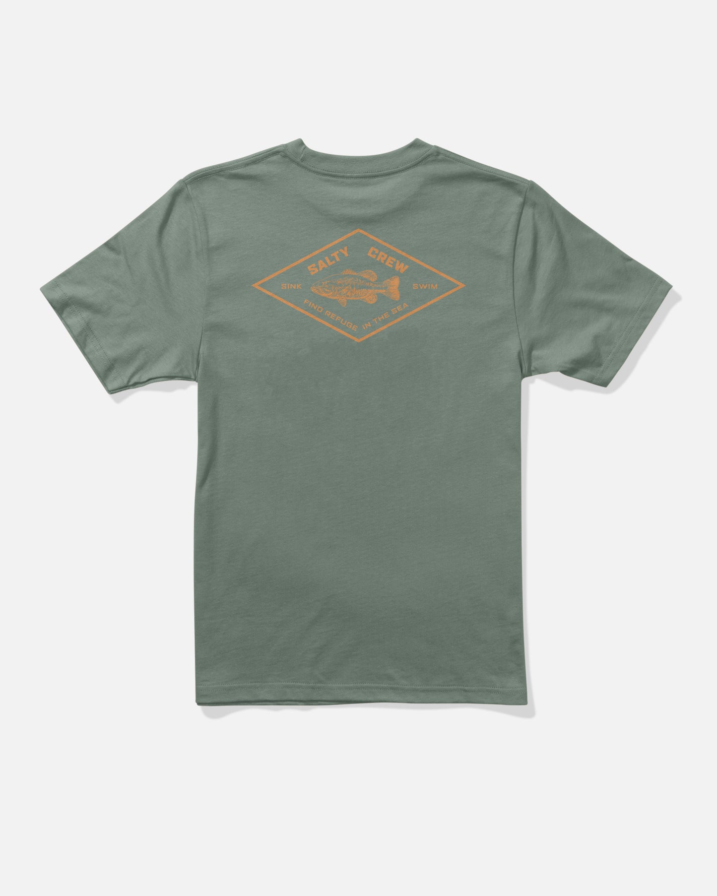 The Salty Crew Diamond Bass Boys Tee in Laurel Wreath is a green, short-sleeve, combed ringspun cotton t-shirt featuring a screenprinted orange diamond-shaped logo with a fish and the words “Salty Crew” and “Find Refuge in the Sea” on the back for lasting quality.