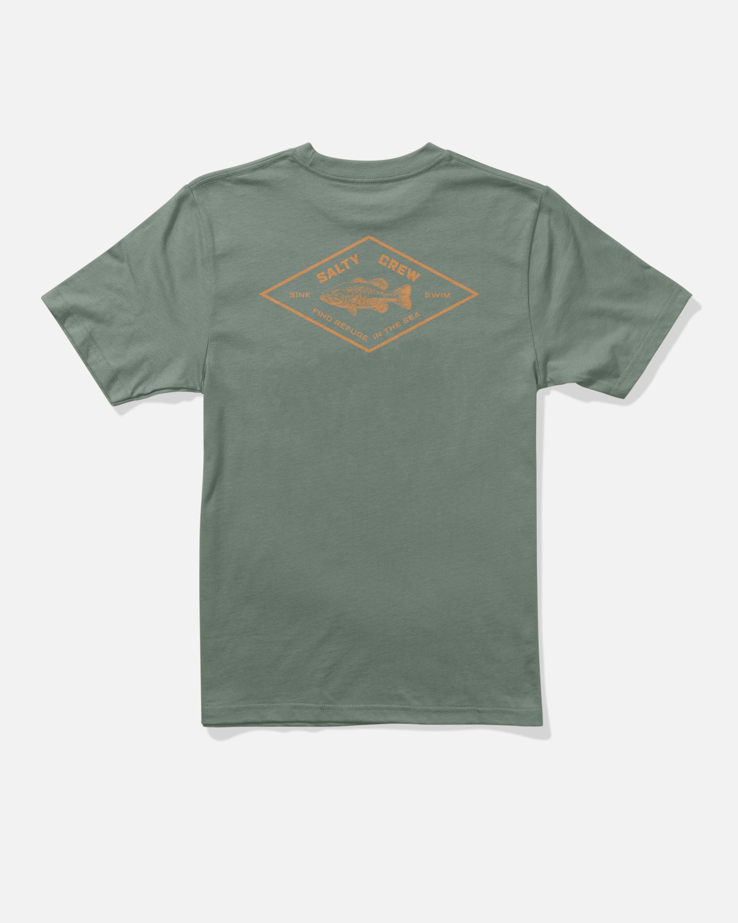 The Salty Crew Diamond Bass Boys Tee in Laurel Wreath is a green, short-sleeve, combed ringspun cotton t-shirt featuring a screenprinted orange diamond-shaped logo with a fish and the words “Salty Crew” and “Find Refuge in the Sea” on the back for lasting quality.