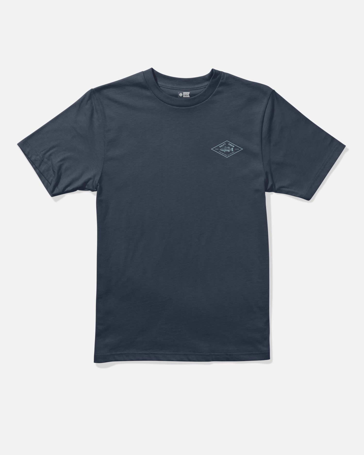 Salty Crew Diamond Bass Boys Tee in navy, featuring short sleeves and a small diamond-shaped screenprinted logo on the left chest, displayed on a plain white background.