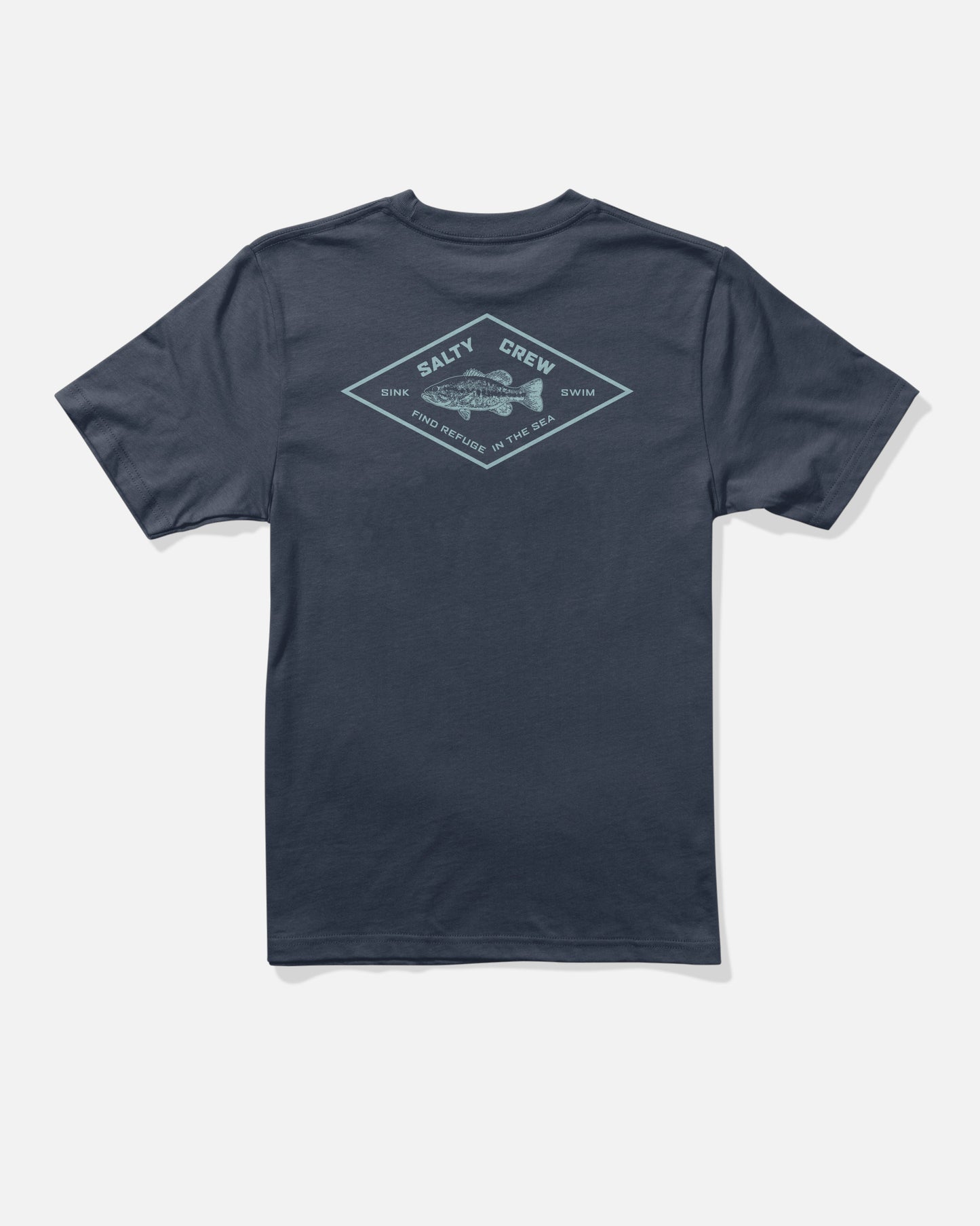 Introducing the Salty Crew Diamond Bass Boys Tee in navy—a short-sleeve shirt crafted from soft combed ringspun cotton for all-day comfort. This tee features a diamond-shaped, screenprinted graphic of a fish and the words “Salty Crew,” “Sink Swim,” and “Find Refuge in the Sea” on the back.