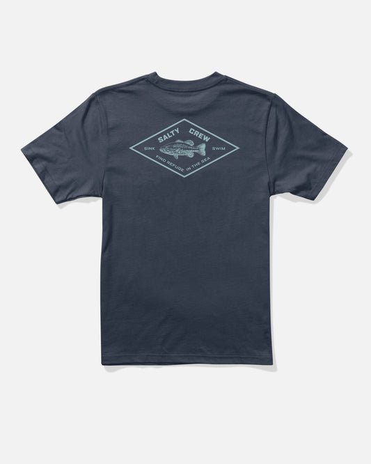 Introducing the Salty Crew Diamond Bass Boys Tee in navy—a short-sleeve shirt crafted from soft combed ringspun cotton for all-day comfort. This tee features a diamond-shaped, screenprinted graphic of a fish and the words “Salty Crew,” “Sink Swim,” and “Find Refuge in the Sea” on the back.