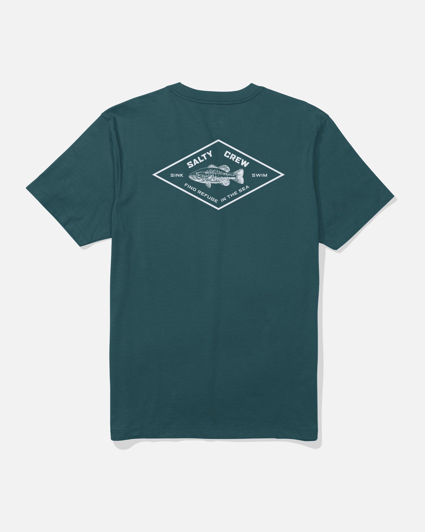 The Diamond Bass Crew Tee in Atlantic Blue by Salty Crew features a white diamond-shaped screenprinted graphic on the back with a fish and the words “SALTY CREW” and “SINK SWIM FIND REFUGE IN THE SEA.” Made from soft combed ringspun cotton for all-day comfort.