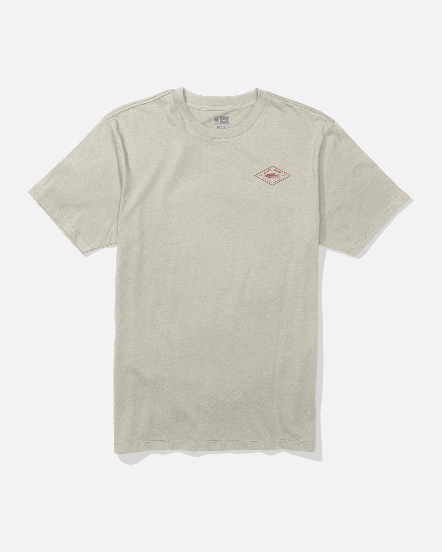 A plain, bone-colored Salty Crew Diamond Bass Crew Tee made from combed ringspun cotton, featuring a small red screenprinted logo on the left chest and laid flat on a white background.