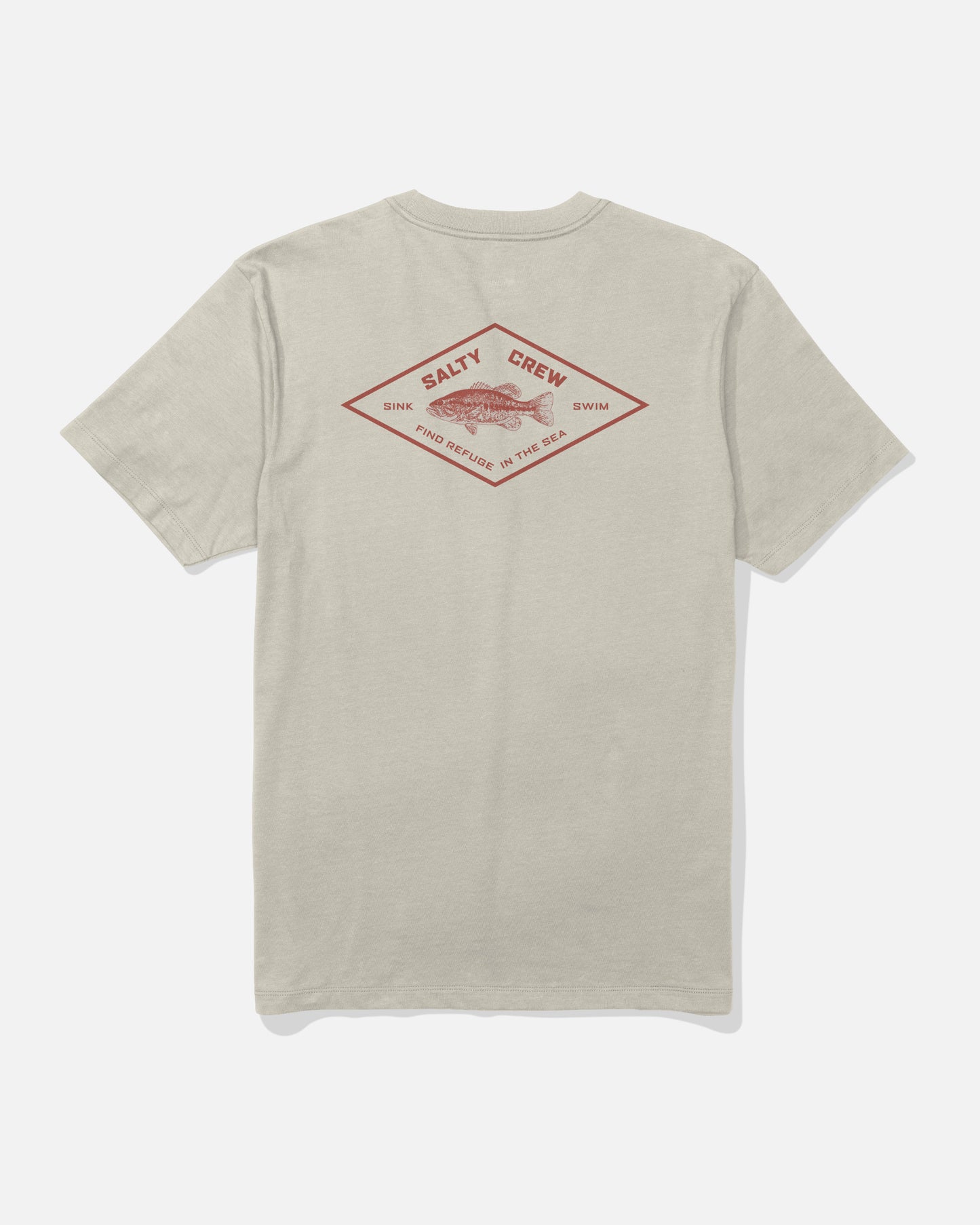 The Salty Crew Diamond Bass Crew Tee in Bone is a short-sleeve cotton t-shirt shown from the back, featuring a screenprinted red diamond-shaped graphic with a fish in the center and the words “Salty Crew,” “Sink or Swim,” and “Find Refuge in the Sea.”.