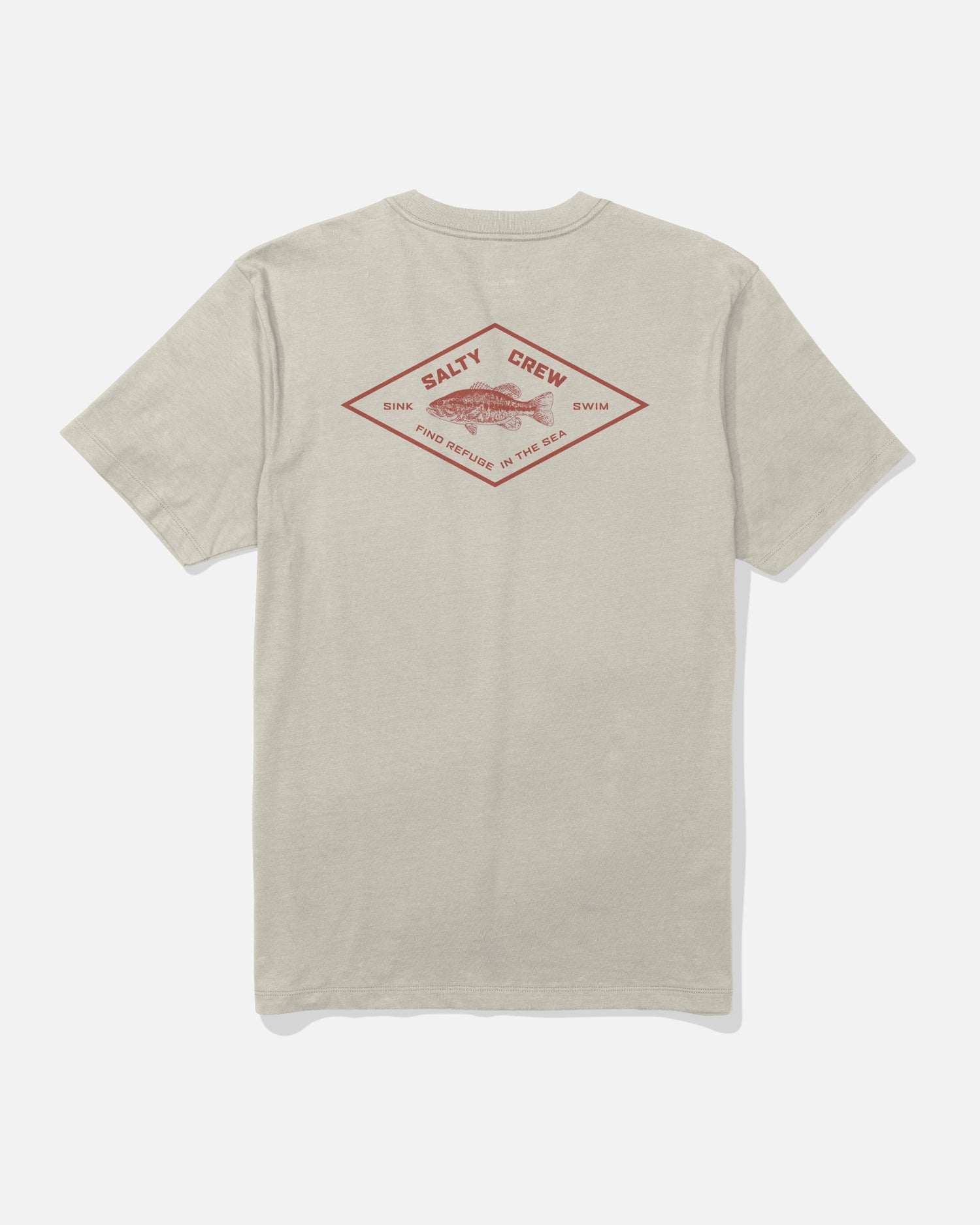 The Salty Crew Diamond Bass Crew Tee in Bone is a short-sleeve cotton t-shirt shown from the back, featuring a screenprinted red diamond-shaped graphic with a fish in the center and the words “Salty Crew,” “Sink or Swim,” and “Find Refuge in the Sea.”.