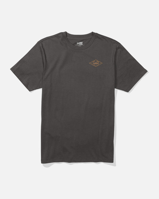 The Salty Crew Diamond Bass Crew Tee in dark grey is a short-sleeve combed ringspun cotton t-shirt featuring a small brown diamond-shaped logo screenprinted on the left chest. The shirt is shown laid flat on a white background.
