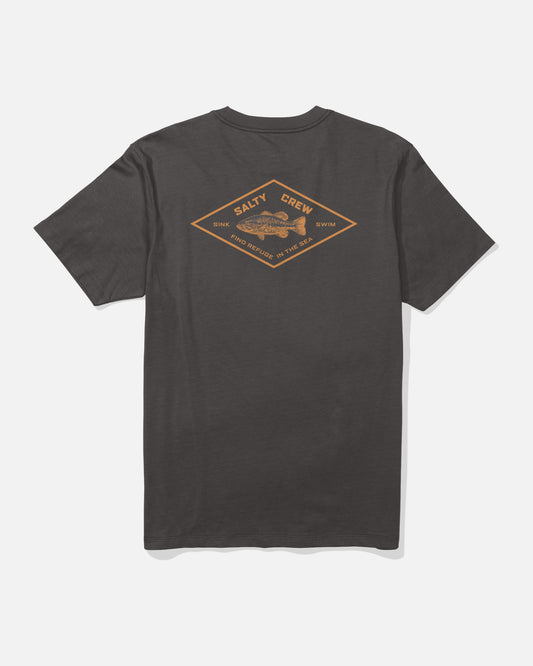 The Diamond Bass Crew Tee by Salty Crew is a dark grey t-shirt made from black combed ringspun cotton, featuring a brown diamond-shaped graphic screenprinted on the back with a fish in the center and the words “SINK SWIM SALTY CREW FIND REFUGE IN THE SEA” surrounding it.