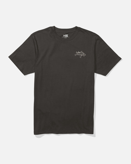 The Salty Crew Decoy Crew Tee - Black is a plain black, short-sleeved t-shirt made from combed ringspun cotton, featuring a small white screenprinted graphic and text on the left chest area, displayed against a white background.