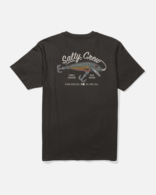 Introducing the Salty Crew Decoy Crew Tee in black—a comfortable and durable t-shirt crafted from combed ringspun cotton. This tee features a screenprinted fishing lure graphic on the back, along with bold Salty Crew branding and the phrases “Thrill Seekers”, “Risk Takers”, and “Find Refuge in the Sea.”.