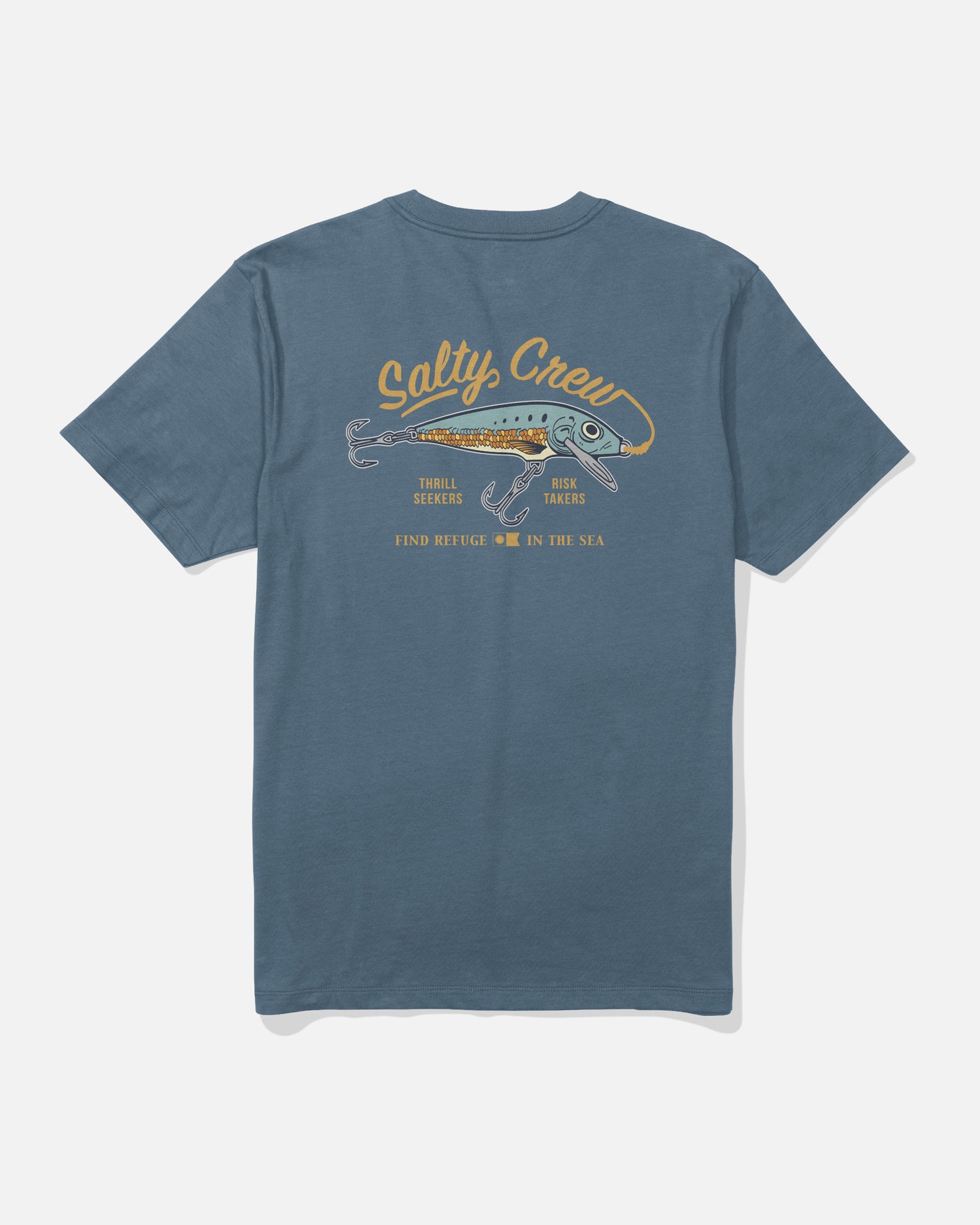 The Salty Crew Decoy Crew Tee in Slate is a blue cotton t-shirt featuring a screenprinted graphic of a fish and the text “Salty Crew, Thrill Seekers, Risk Takers, and Find Refuge in the Sea” on the back.