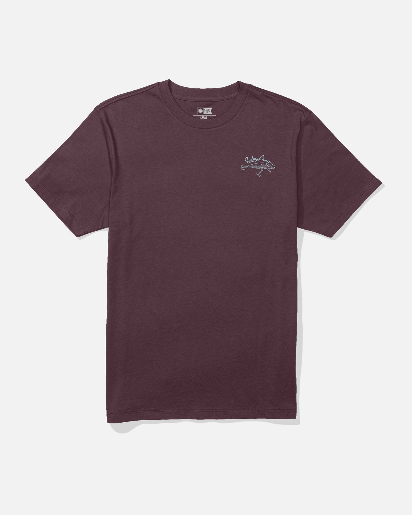 The Salty Crew Decoy Crew Tee in Wine is a short-sleeve cotton t-shirt featuring a small white screenprinted graphic and text on the left chest, shown laid flat against a white background.