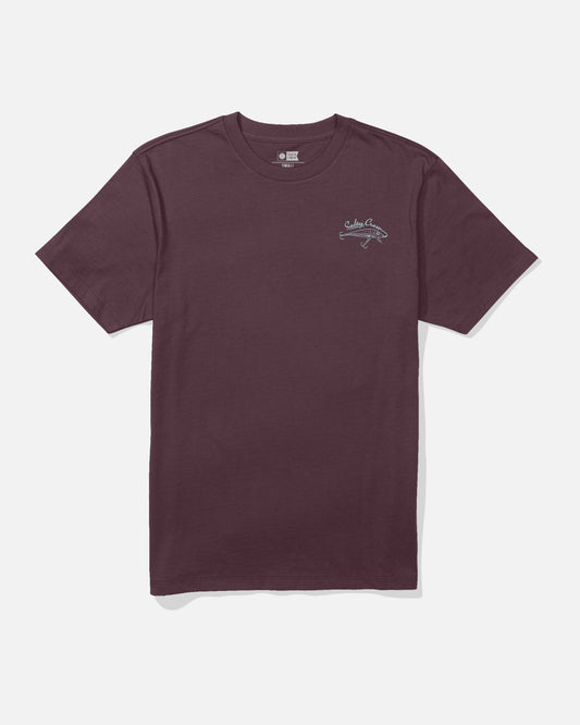 The Salty Crew Decoy Crew Tee in Wine is a short-sleeve cotton t-shirt featuring a small white screenprinted graphic and text on the left chest, shown laid flat against a white background.