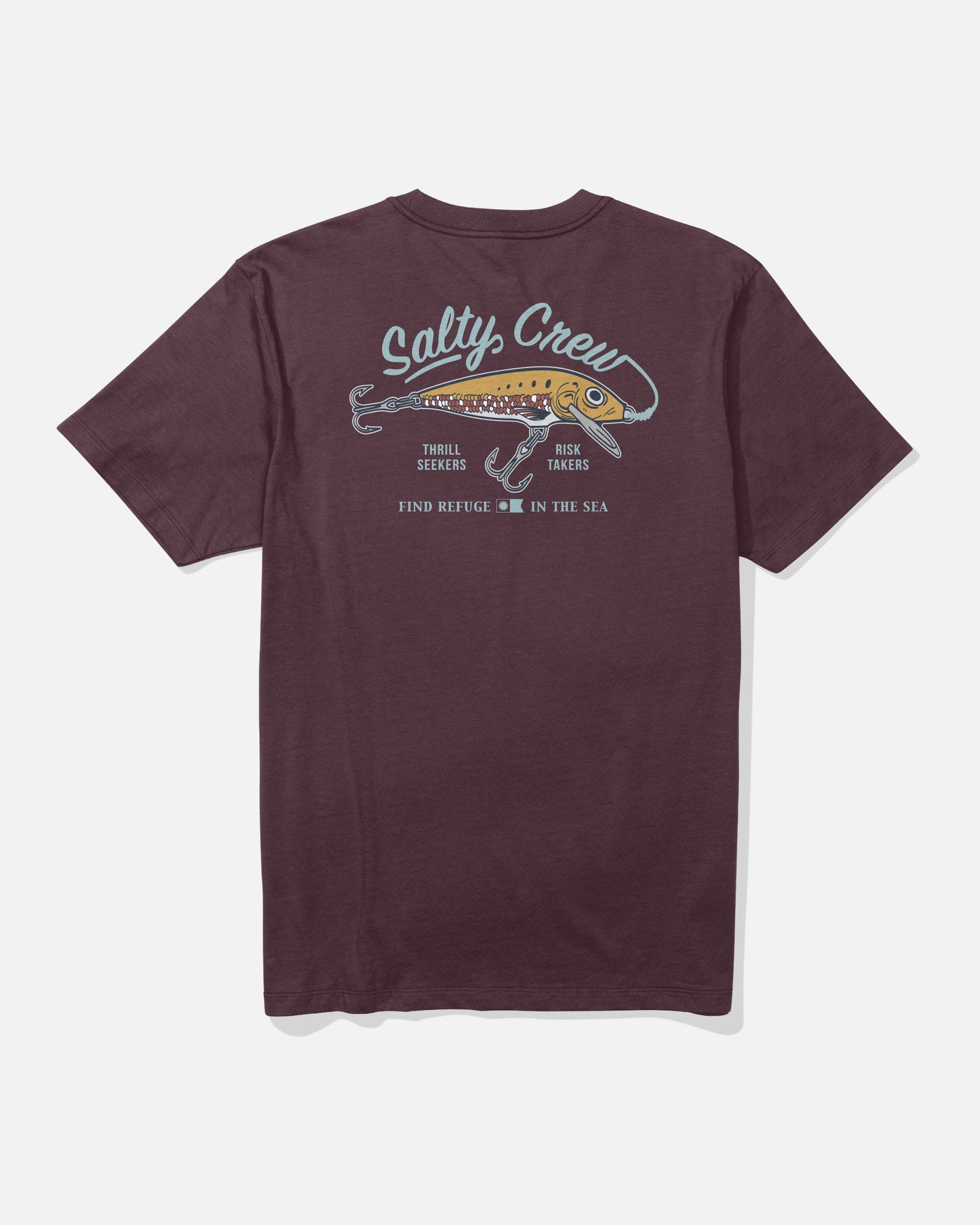 The Salty Crew Decoy Crew Tee in Wine is a cotton T-shirt made from soft combed ringspun fabric, featuring a screenprinted squid graphic with “Salty Crew” above and the text “Thrill Seekers, Risk Takers, Find Refuge in the Sea” below the illustration.