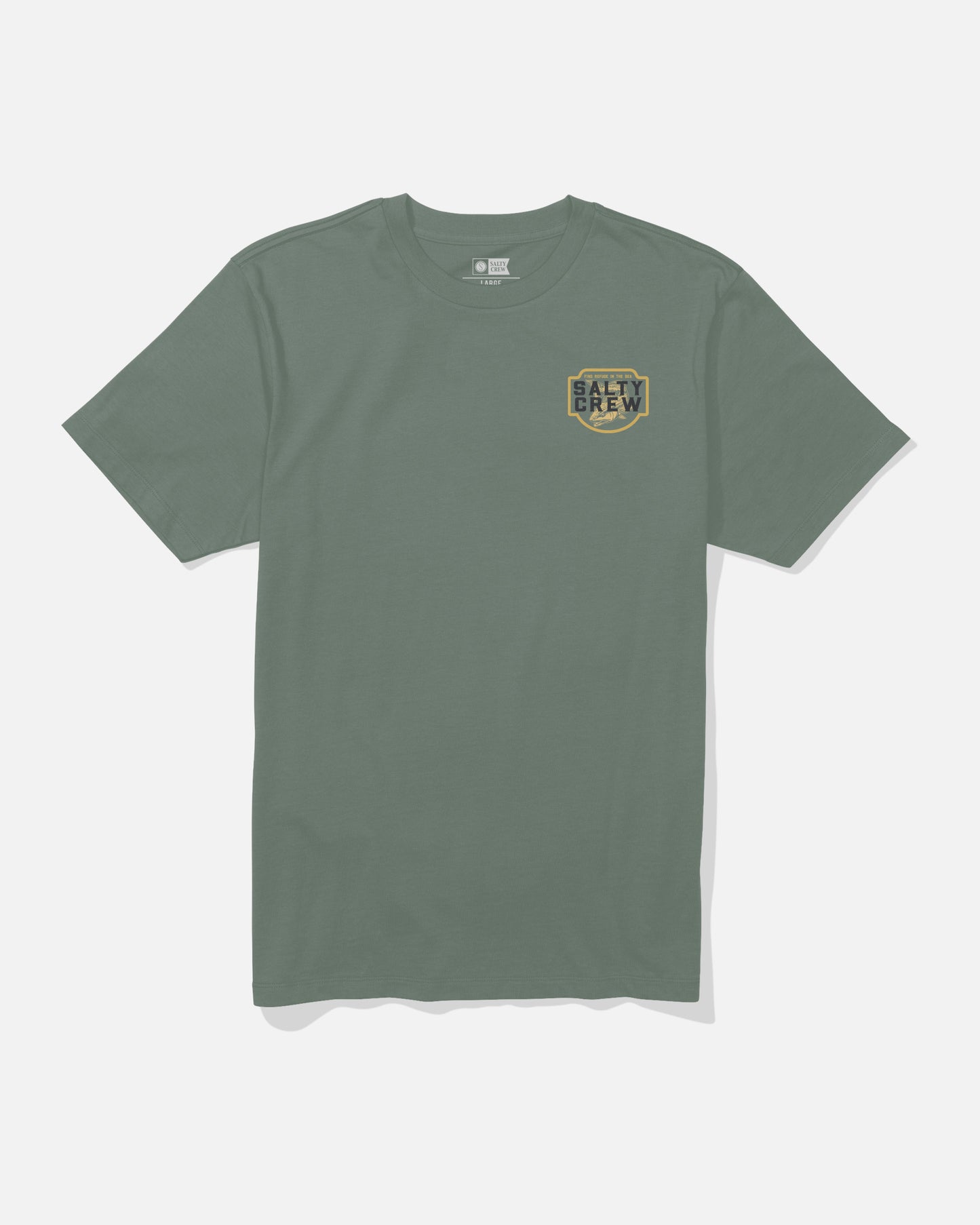 Laurel Wreath short-sleeve combed ringspun cotton t-shirt by Salty Crew, featuring a small, round Salty Crew logo screenprinted in yellow and black on the left chest. The Red Drum Crew Tee is shown laid flat on a white background.
