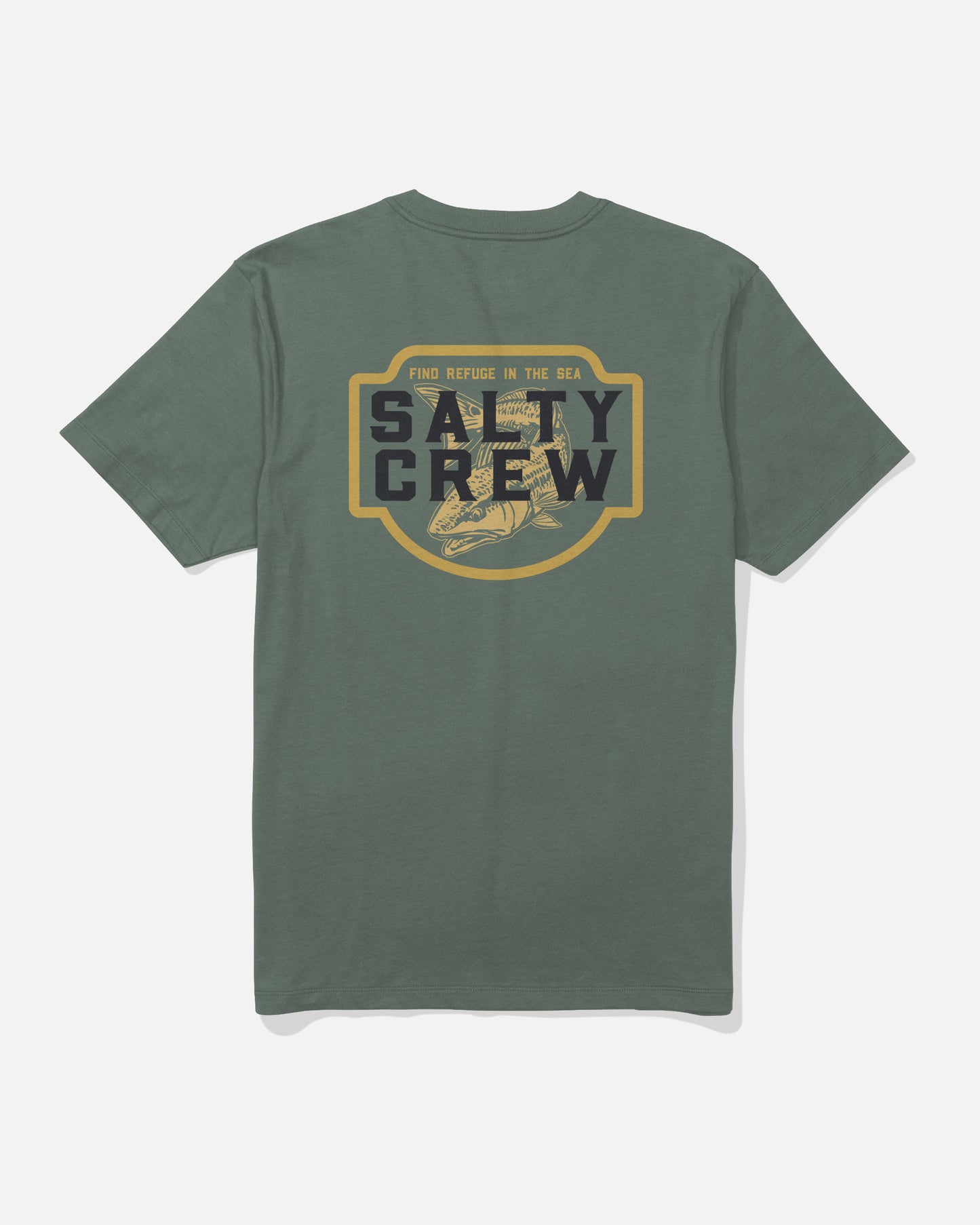 Laurel Wreath green short-sleeve cotton Red Drum Crew Tee by Salty Crew featuring SALTY CREW text and a fish graphic screenprinted on the back, with “FIND REFUGE IN THE SEA” in yellow above the design.