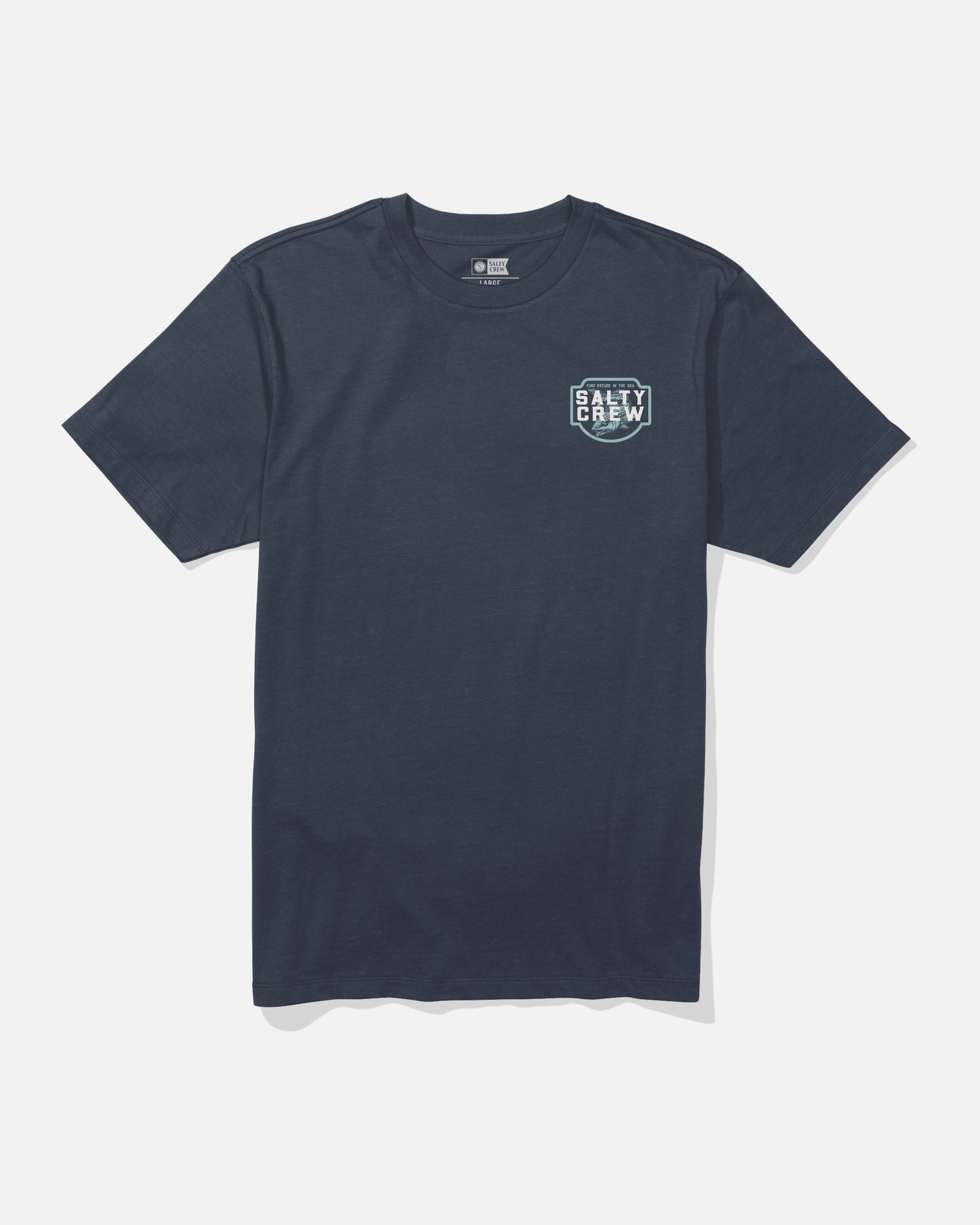 The Salty Crew Red Drum Crew Tee in navy is a short-sleeve cotton t-shirt featuring a small white Salty Crew logo screenprinted on the left chest. The shirt is displayed laid flat on a white background.