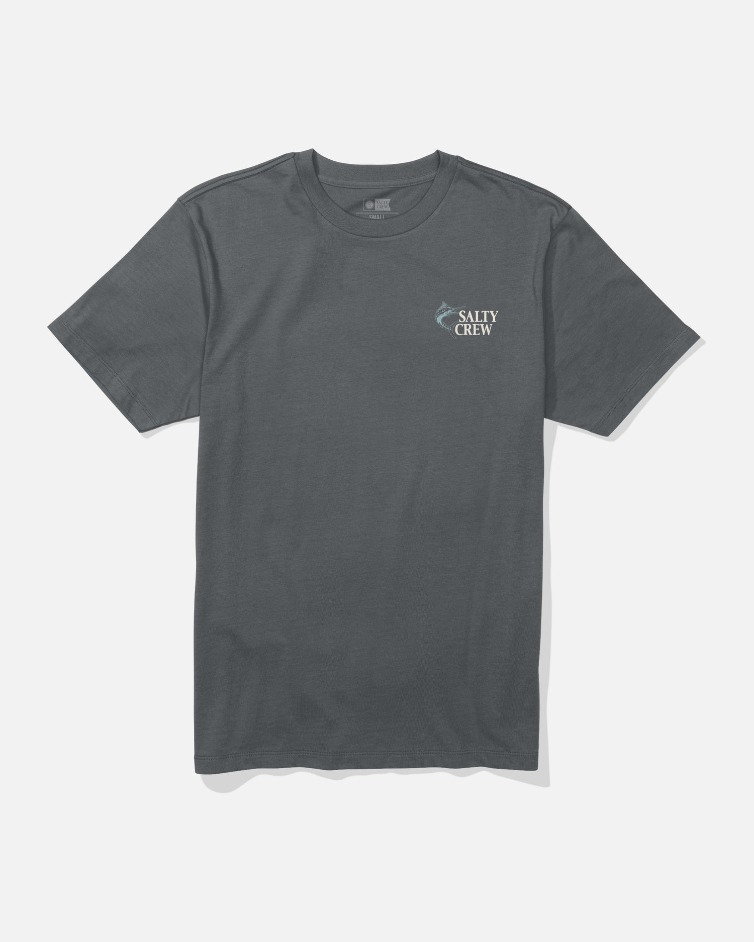 Coordinates Crew Tee - Dark Grey by Salty Crew, featuring a fish graphic and Salty Crew logo screenprinted on the left chest. Crafted from 100% combed ringspun cotton, the t-shirt is displayed laid flat on a white background.
