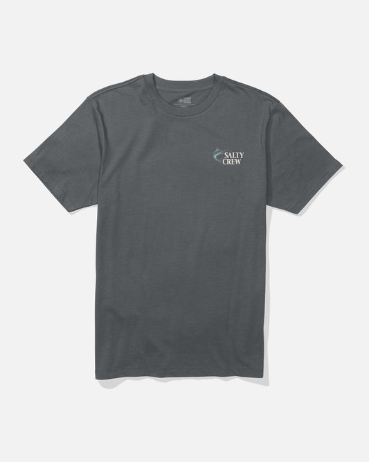 Coordinates Crew Tee - Dark Grey by Salty Crew, featuring a fish graphic and Salty Crew logo screenprinted on the left chest. Crafted from 100% combed ringspun cotton, the t-shirt is displayed laid flat on a white background.