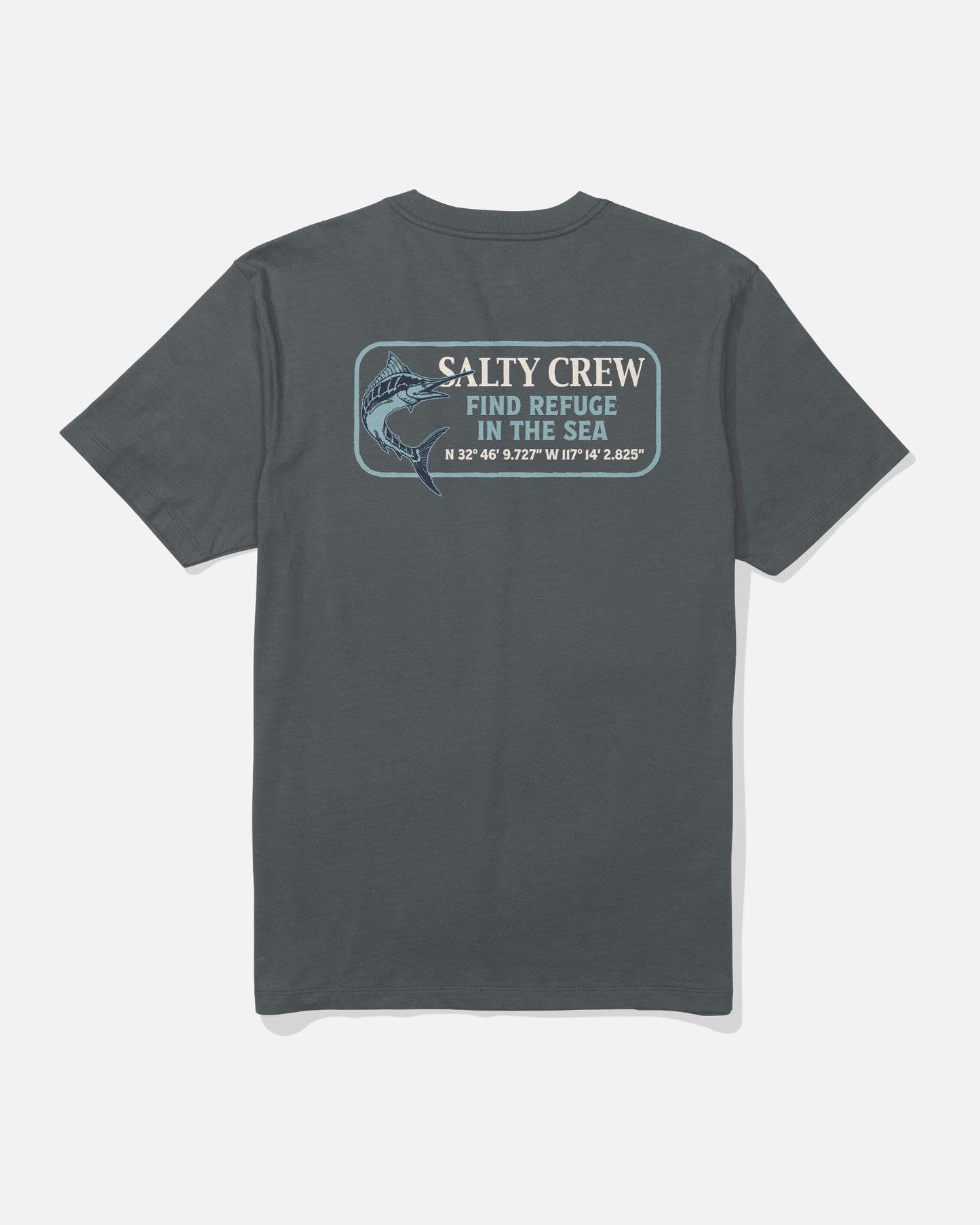 The Coordinates Crew Tee in Dark Grey by Salty Crew is made from combed ringspun 100% cotton and features a screenprinted back graphic of a fish with the words “SALTY CREW FIND REFUGE IN THE SEA,” along with coordinates N 32° 44′ 6.72″ W 117° 12.83″.