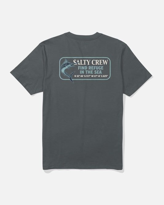 The Coordinates Crew Tee in Dark Grey by Salty Crew is made from combed ringspun 100% cotton and features a screenprinted back graphic of a fish with the words “SALTY CREW FIND REFUGE IN THE SEA,” along with coordinates N 32° 44′ 6.72″ W 117° 12.83″.