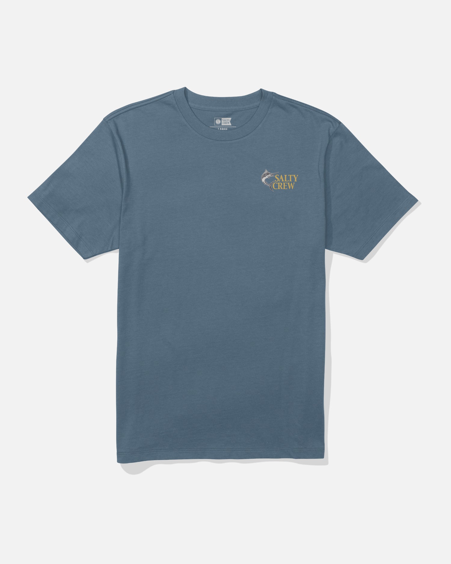 Coordinates Crew Tee - Slate by Salty Crew features short sleeves, soft cotton fabric, and a small yellow Salty Crew logo with fish graphic screenprinted on the left chest, displayed on a white background.