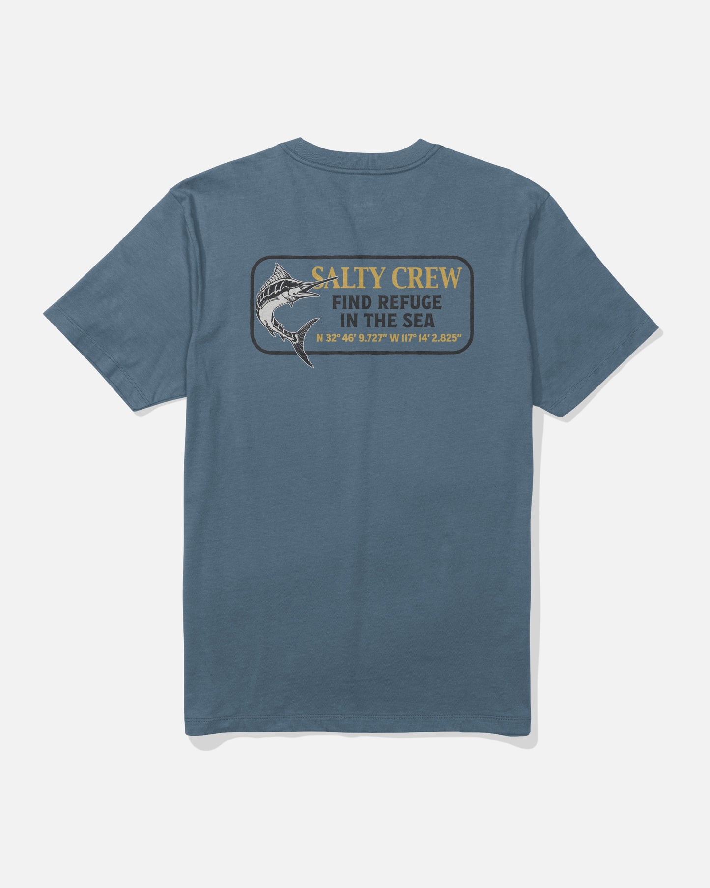 The Coordinates Crew Tee - Slate by Salty Crew is a blue cotton t-shirt showcasing a screenprinted fish graphic with the words “SALTY CREW FIND REFUGE IN THE SEA” and printed latitude and longitude coordinates beneath. Made from soft combed ringspun cotton for all-day comfort.