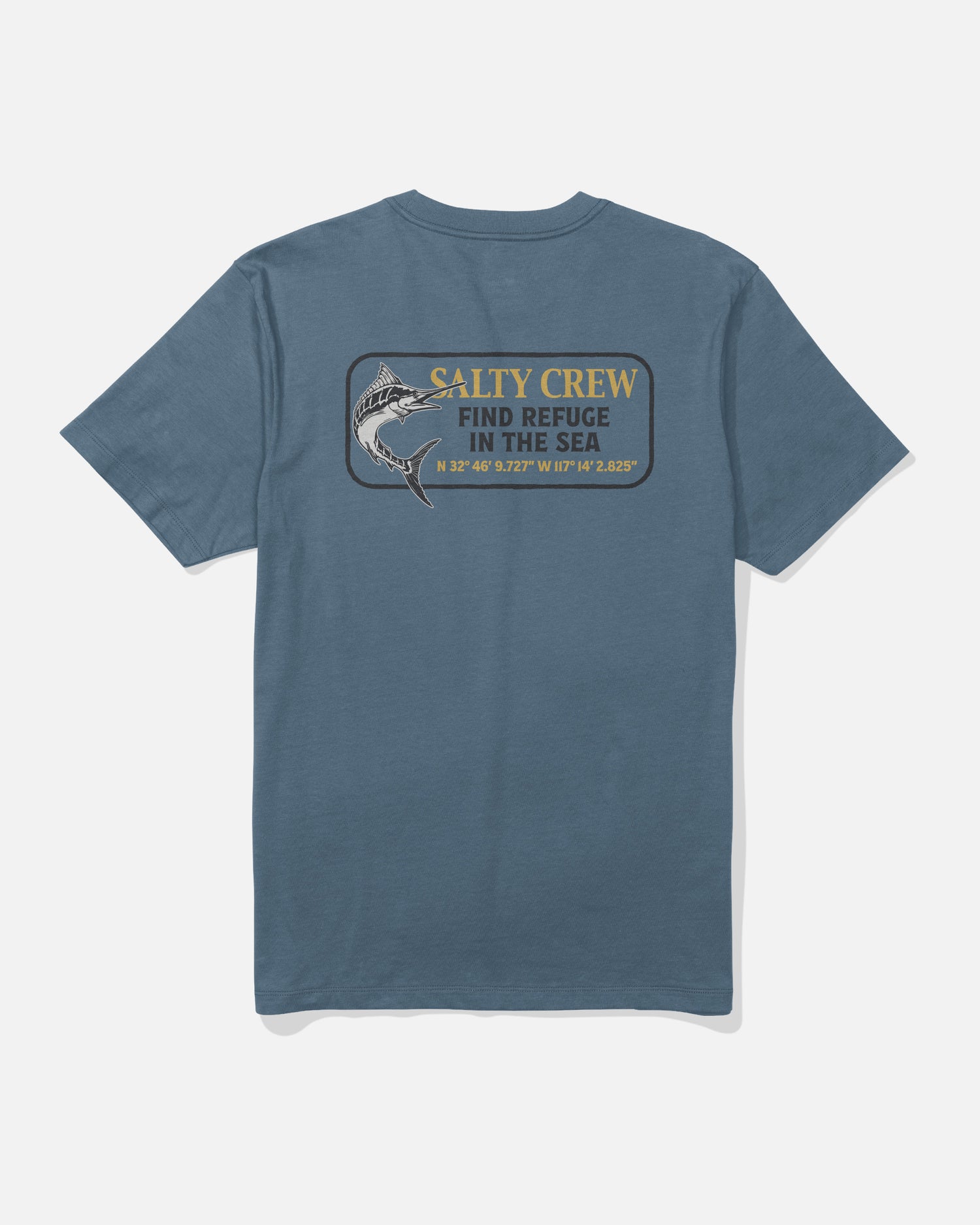The Coordinates Crew Tee - Slate by Salty Crew is a blue cotton t-shirt showcasing a screenprinted fish graphic with the words “SALTY CREW FIND REFUGE IN THE SEA” and printed latitude and longitude coordinates beneath. Made from soft combed ringspun cotton for all-day comfort.