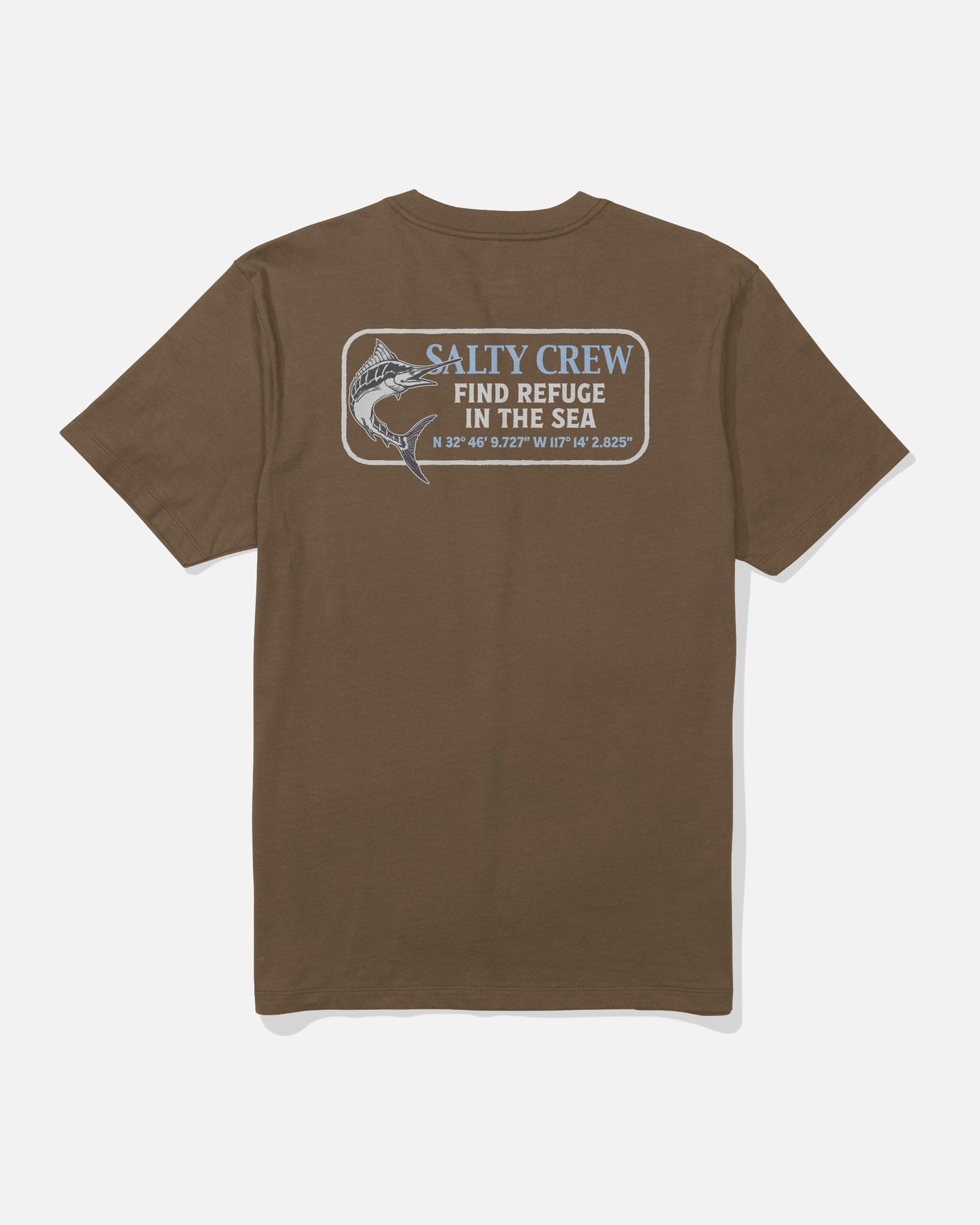 Salty Crew Coordinates Crew Tee in Sepia, featuring a back graphic of a fish and the text “SALTY CREW FIND REFUGE IN THE SEA” along with map coordinates, all printed in white and blue. Made from soft, combed ringspun cotton for superior comfort and durability.