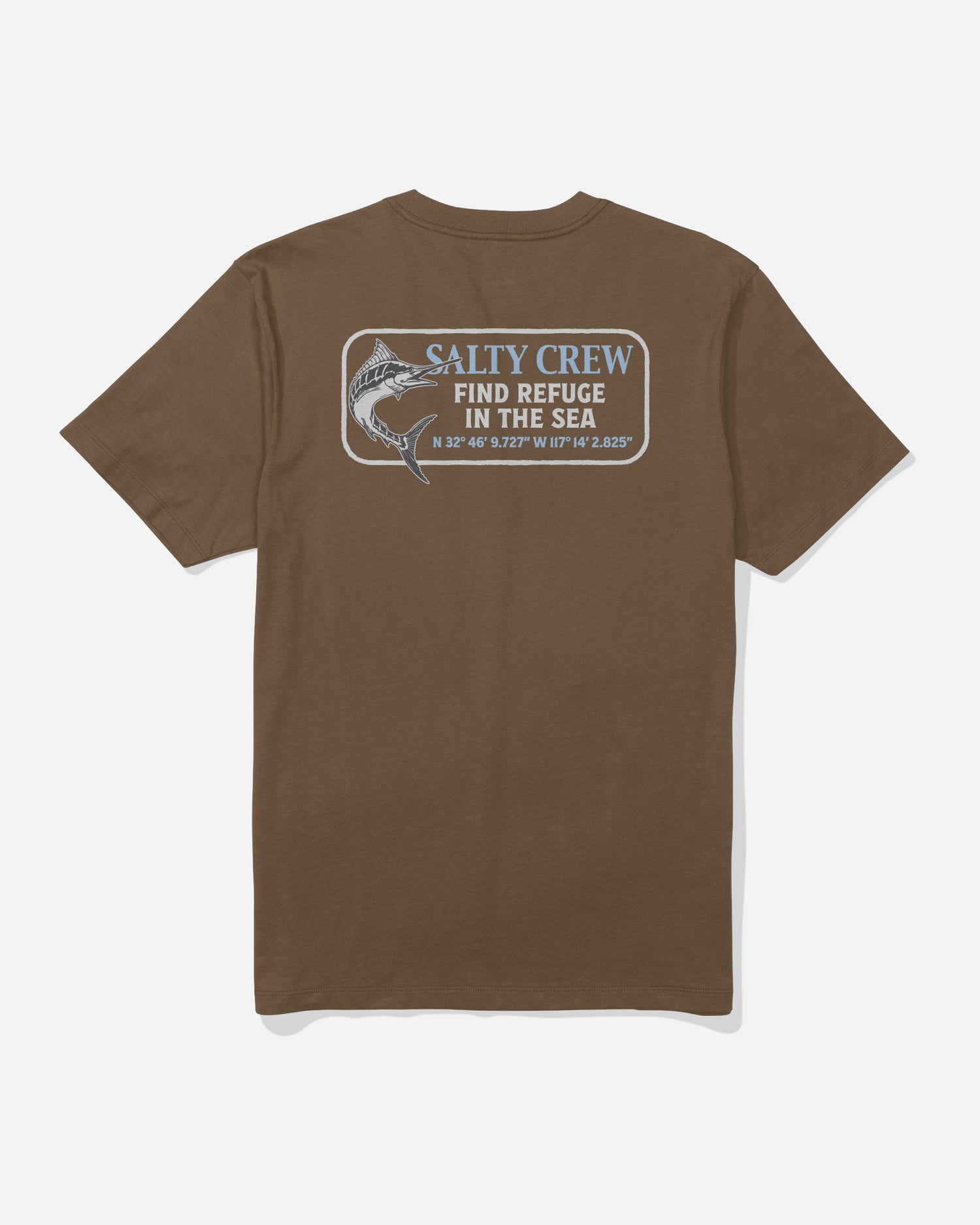 Salty Crew Coordinates Crew Tee in Sepia, featuring a back graphic of a fish and the text “SALTY CREW FIND REFUGE IN THE SEA” along with map coordinates, all printed in white and blue. Made from soft, combed ringspun cotton for superior comfort and durability.