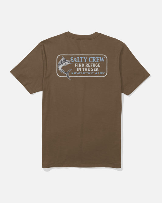 Salty Crew Coordinates Crew Tee in Sepia, featuring a back graphic of a fish and the text “SALTY CREW FIND REFUGE IN THE SEA” along with map coordinates, all printed in white and blue. Made from soft, combed ringspun cotton for superior comfort and durability.