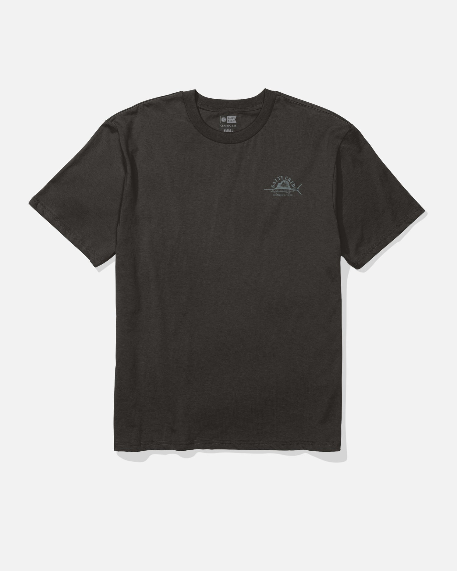 The Salty Crew Sailed Original Tee - Black is a plain short-sleeve t-shirt made from 100% soft spun cotton, featuring a small, subtle blue screenprinted graphic on the left chest and displayed laid flat on a white background.