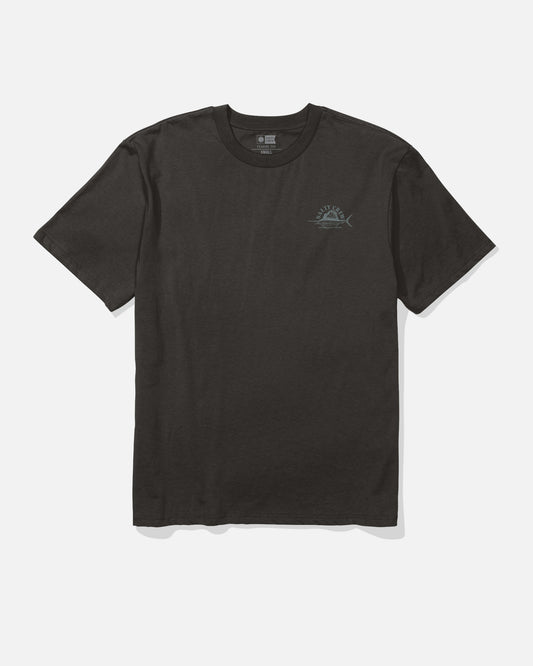 The Salty Crew Sailed Original Tee - Black is a plain short-sleeve t-shirt made from 100% soft spun cotton, featuring a small, subtle blue screenprinted graphic on the left chest and displayed laid flat on a white background.