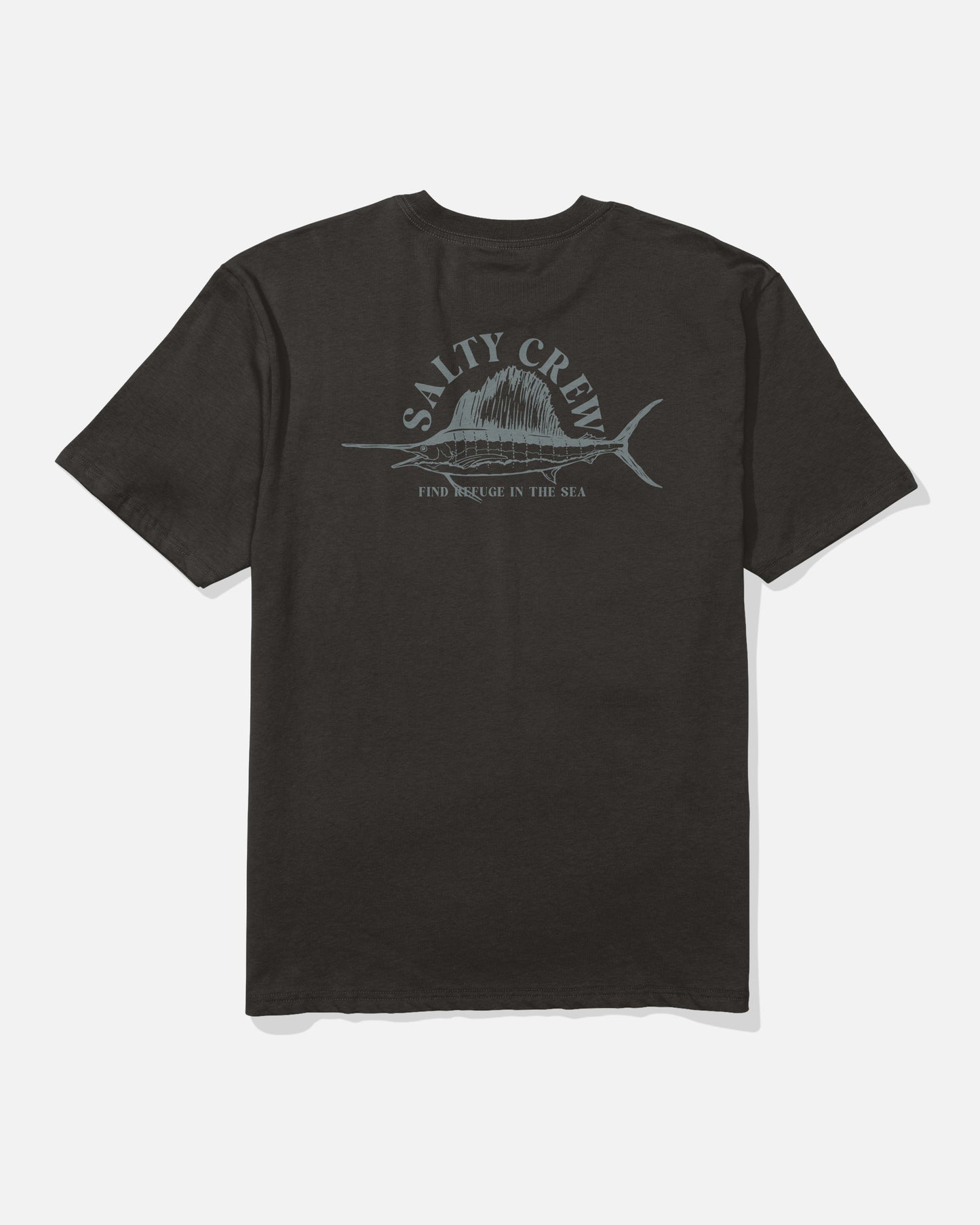 The Sailed Original Tee - Black by Salty Crew is crafted from soft spun, 100% cotton and features a screenprinted marlin graphic on the back with the text “SALTY CREW” above and “FIND REFUGE IN THE SEA” below.