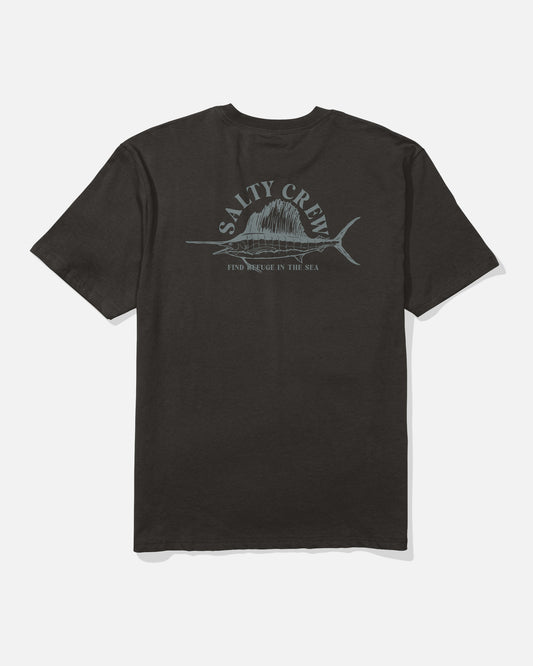 The Sailed Original Tee - Black by Salty Crew is crafted from soft spun, 100% cotton and features a screenprinted marlin graphic on the back with the text “SALTY CREW” above and “FIND REFUGE IN THE SEA” below.