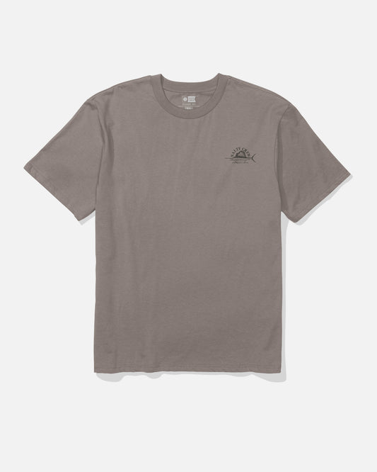The Salty Crew Sailed Original Tee in Cinder is a gray, short-sleeve t-shirt made from soft-spun, 100% cotton. It features a small black screenprinted graphic and text on the left chest and is shown laid flat on a light background.