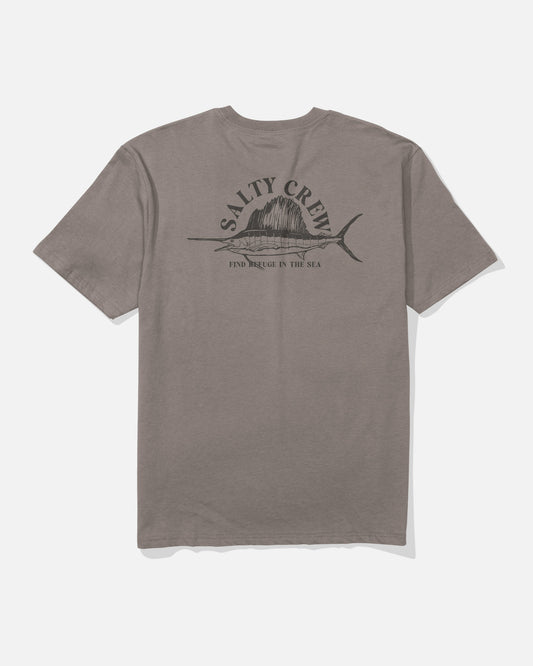 The Salty Crew Sailed Original Tee in Cinder is a gray short-sleeve shirt made from 100% cotton soft spun fabric, featuring a screenprinted fish graphic and the words “SALTY CREW” and “FIND REFUGE IN THE SEA” printed in black on the back.